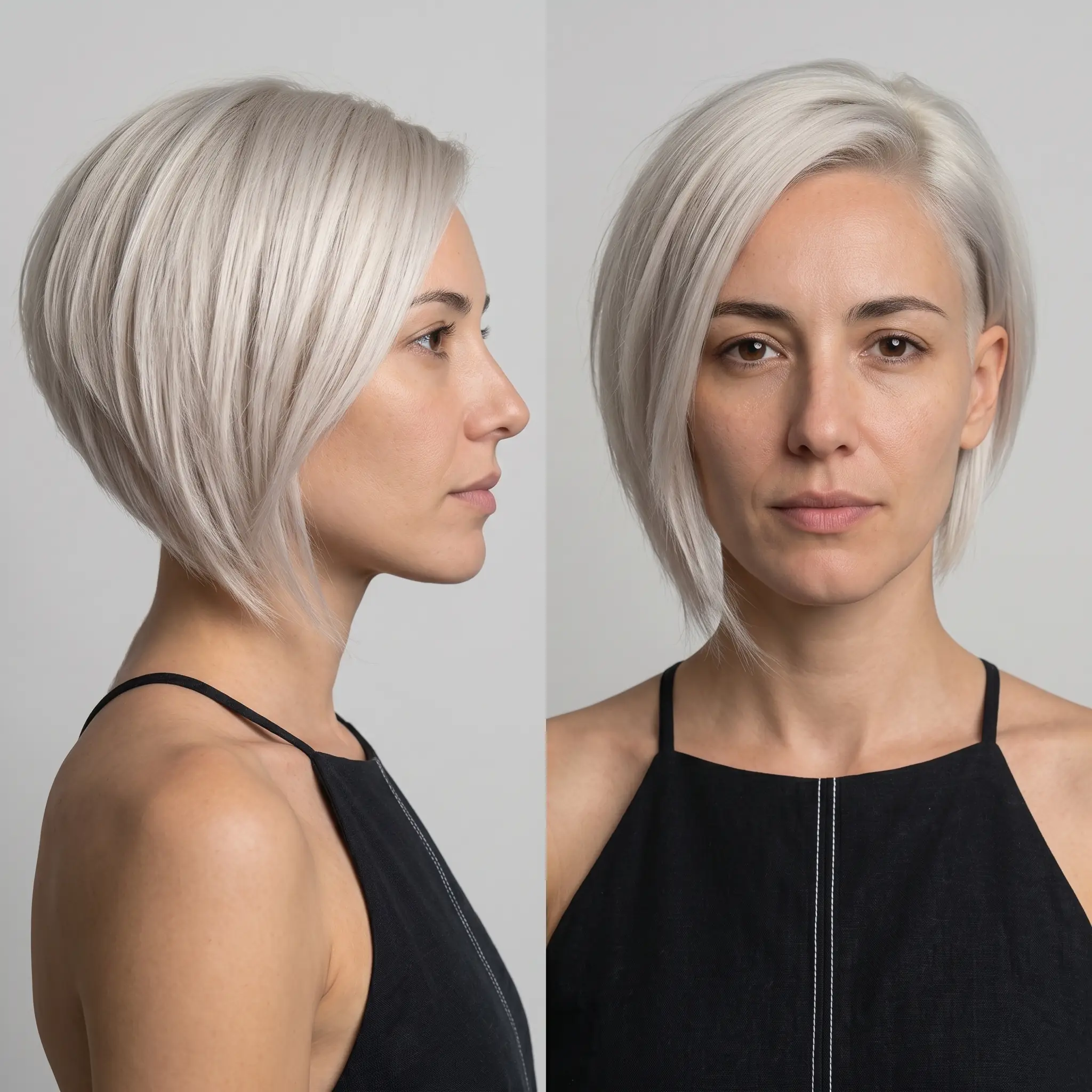 Sharp angled bob in polished silver, cut longer at the front with a close nape