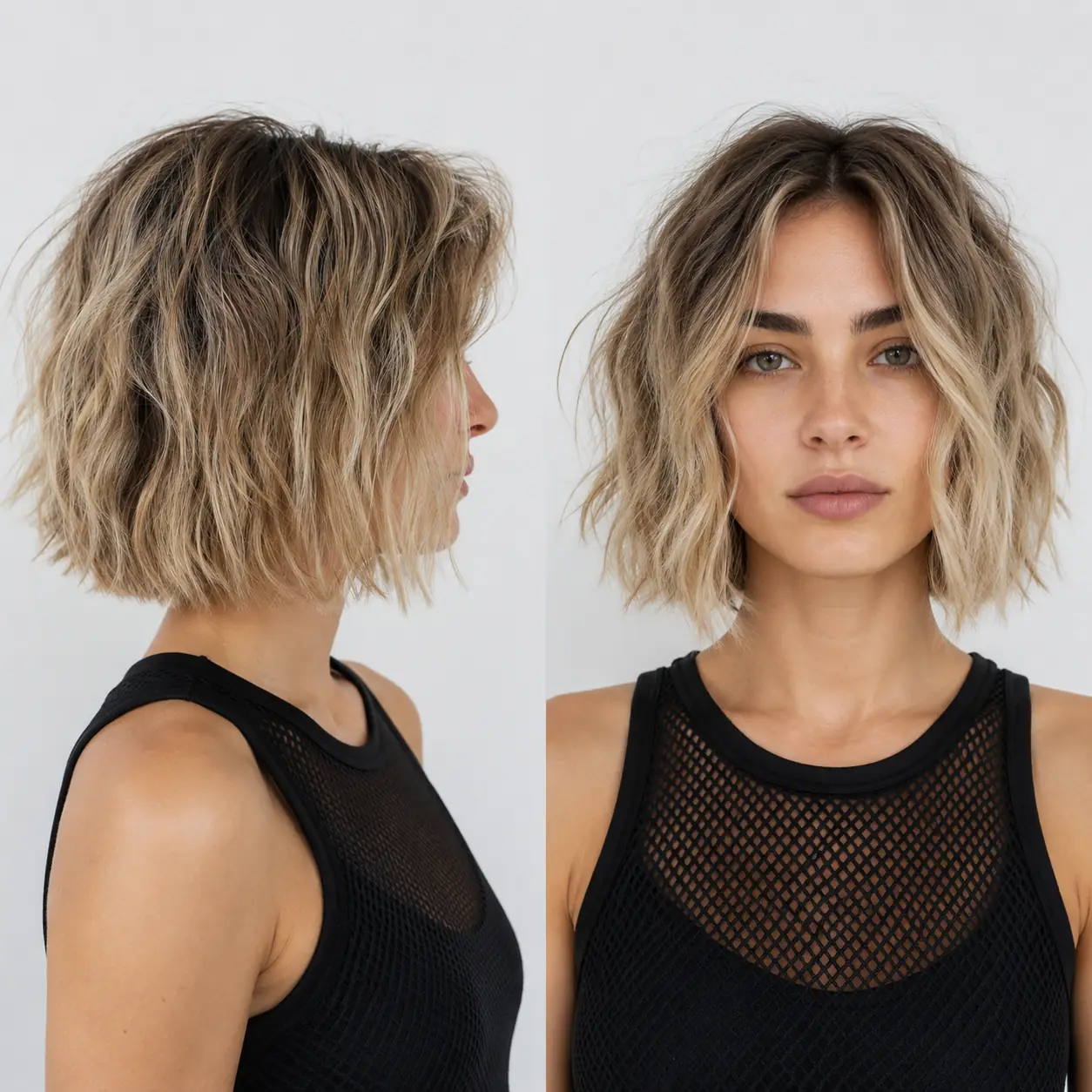 Tousled beachy bob with sea-salt texture and sun-lit blonde balayage on wavy hair
