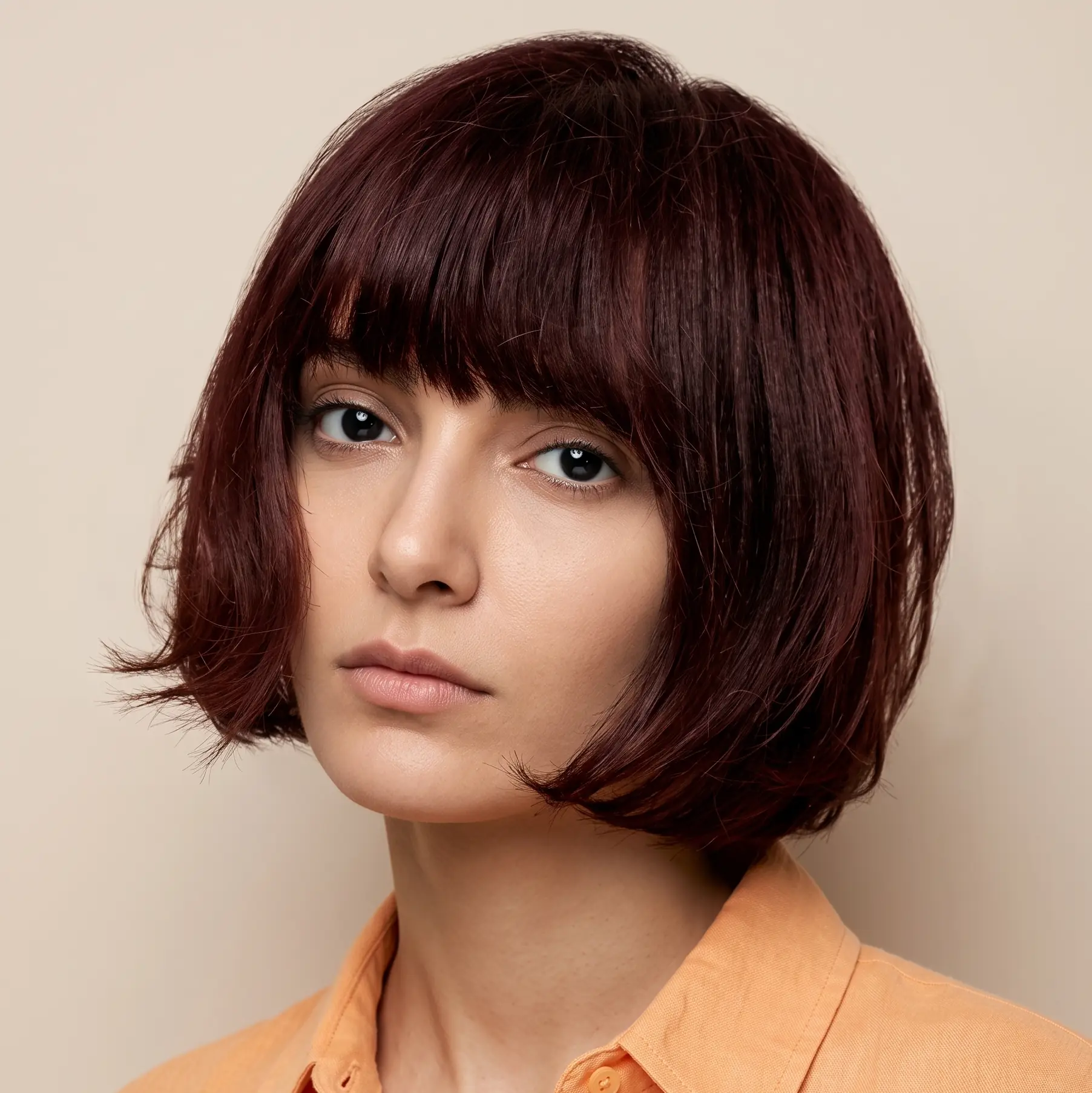 Deep burgundy blunt bob with a full straight-across fringe on glossy straight hair