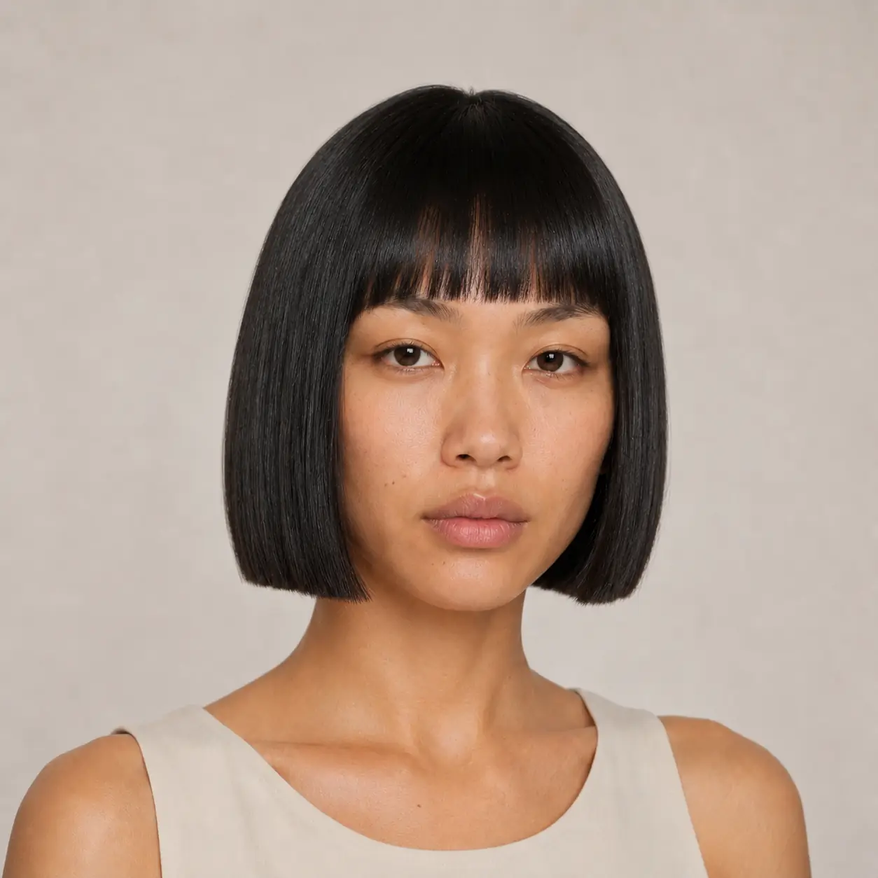 Blunt jaw-length bob with a full straight-across fringe on glossy black straight hair