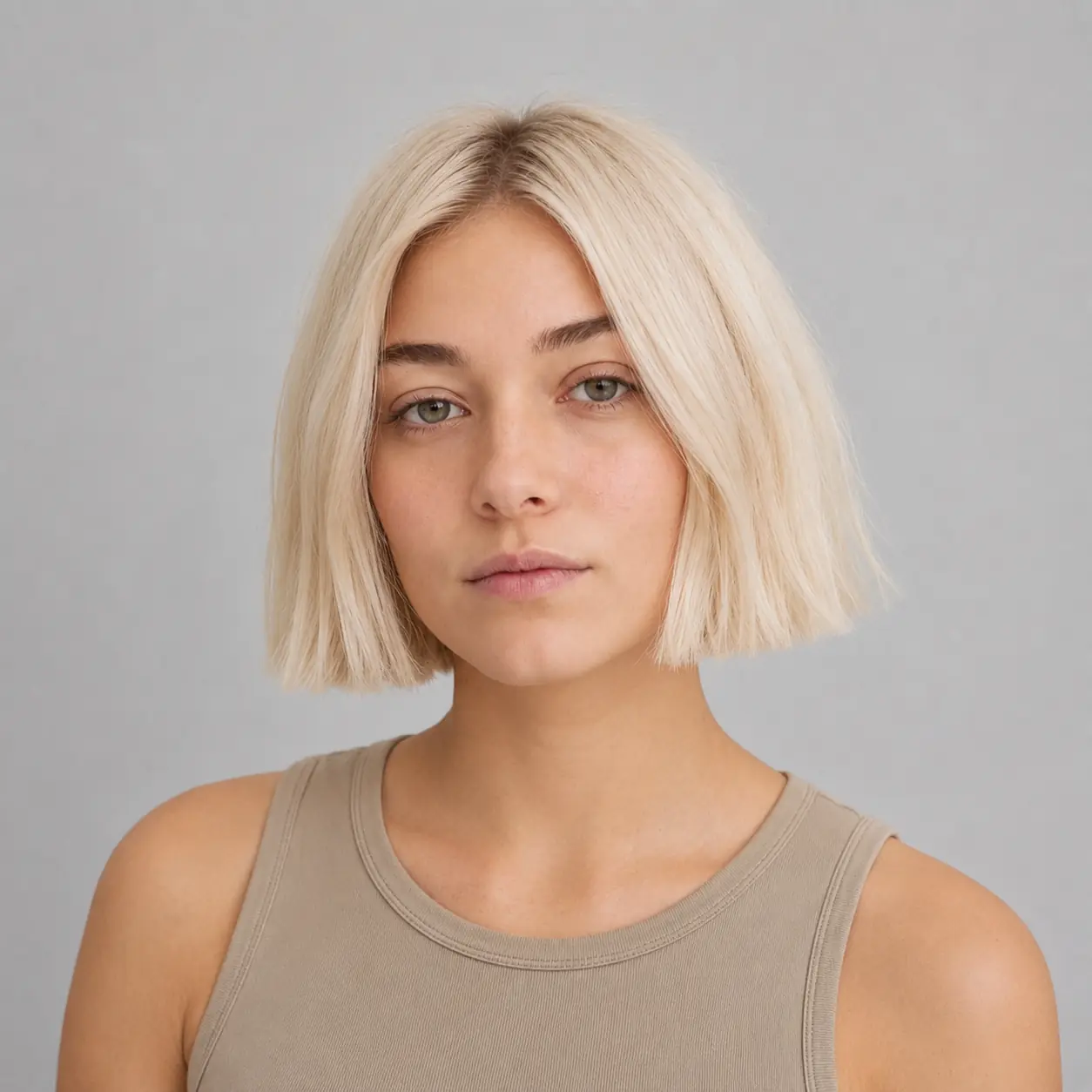 Blunt platinum blonde bob with a center part and a sharp chin-length line on straight hair