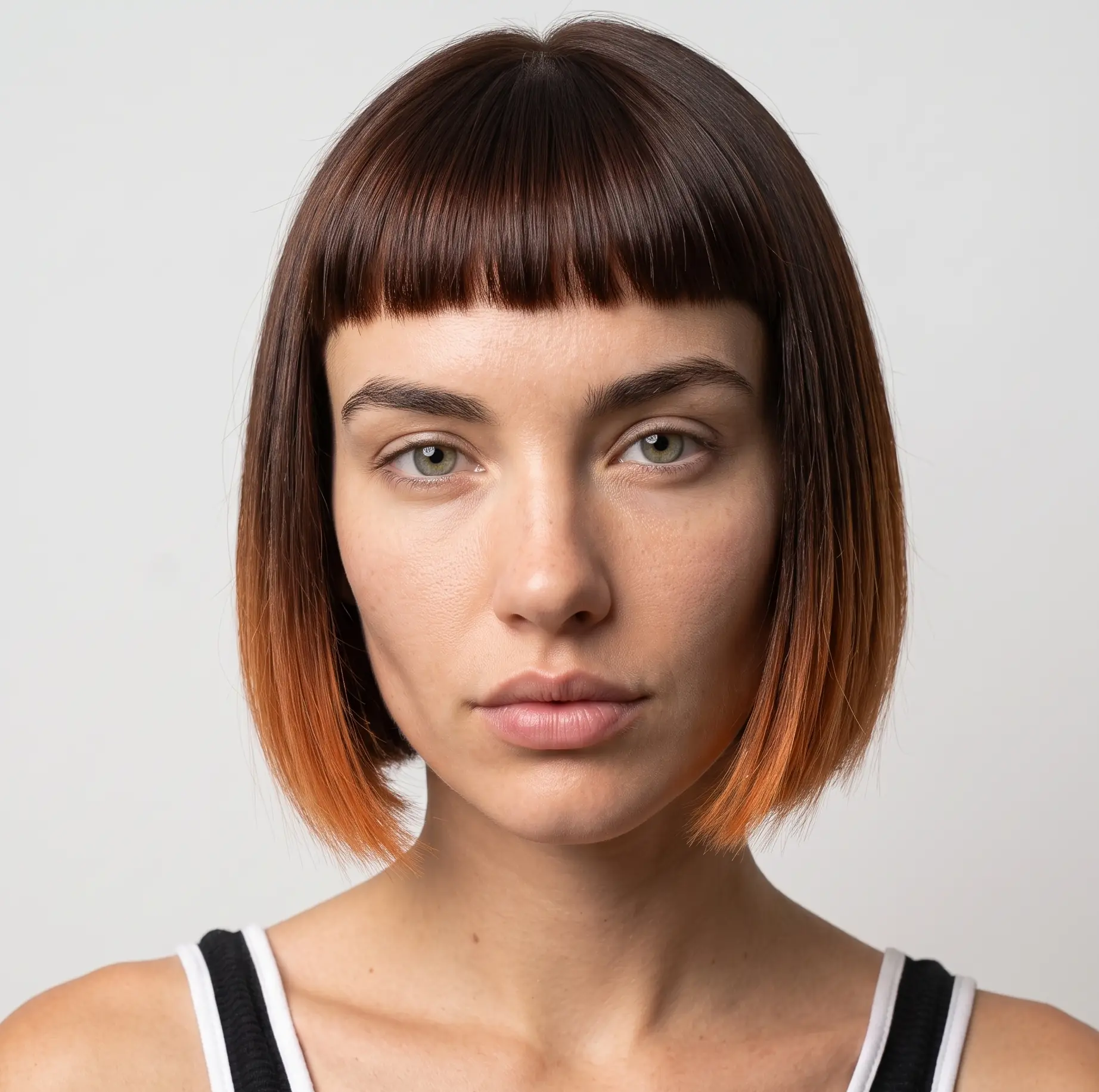 Bob with a blunt straight-across fringe melting from brown roots to warm copper ends