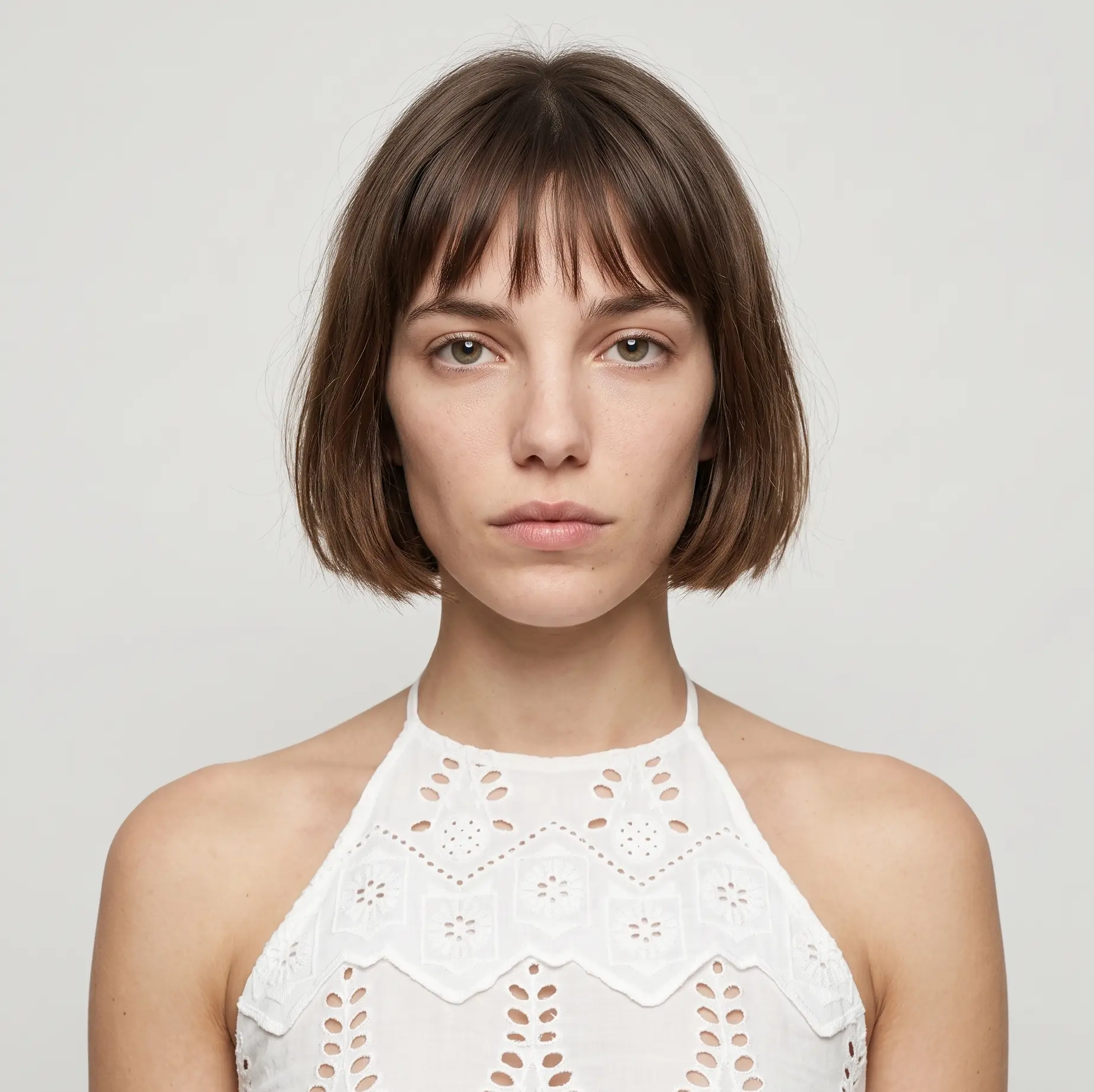 Soft brown bob with a full fringe and subtle balayage dimension at chin length