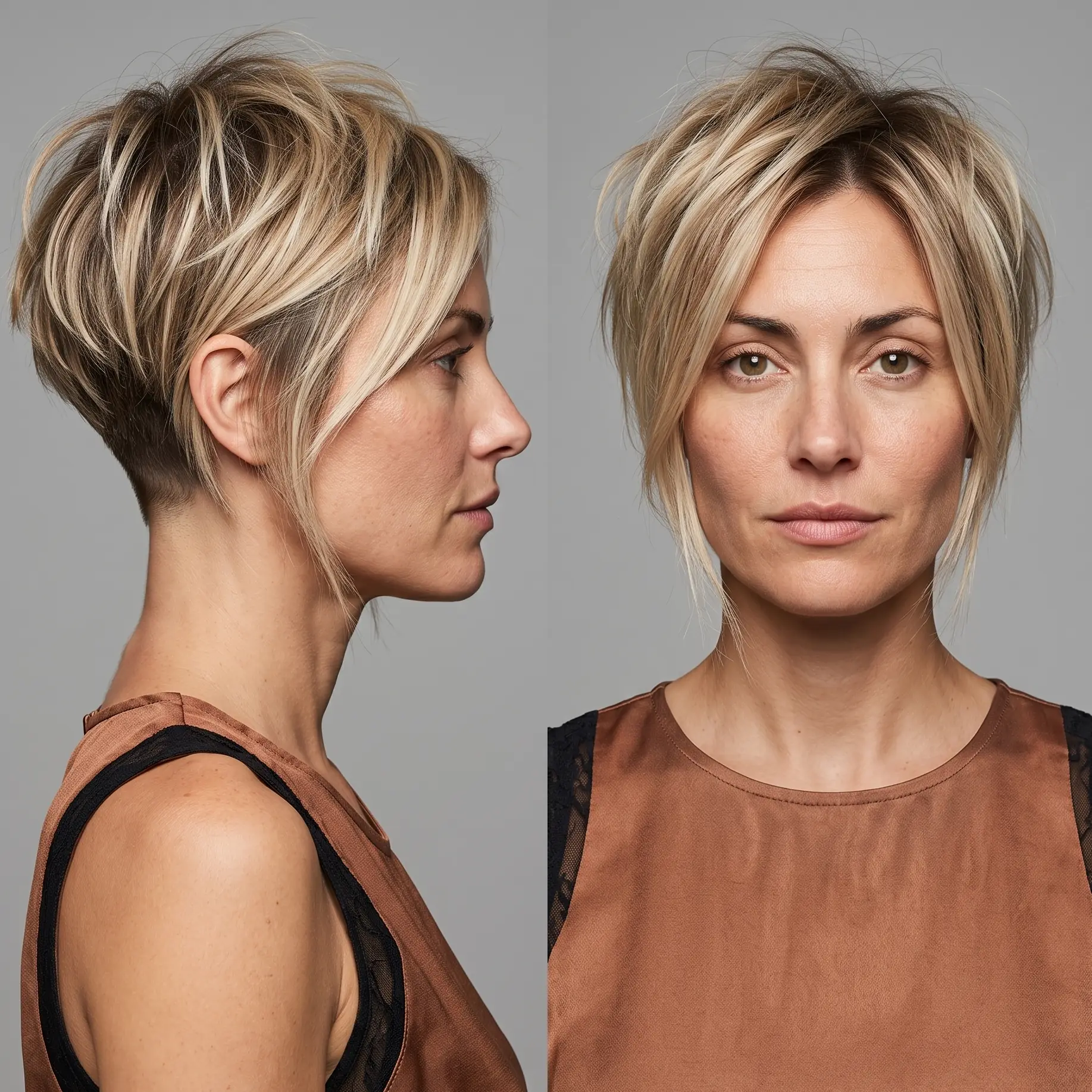 Choppy soft-blonde pixie-bob with piecey top layers and tapered sides