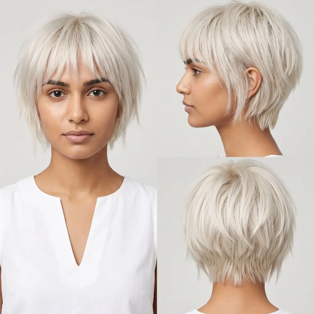 Icy platinum choppy shag bob with disconnected textured layers and a punky edge