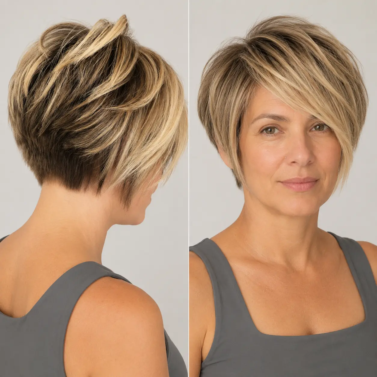 Choppy stacked bob with an undercut and dimensional blonde highlights, lifted at the crown