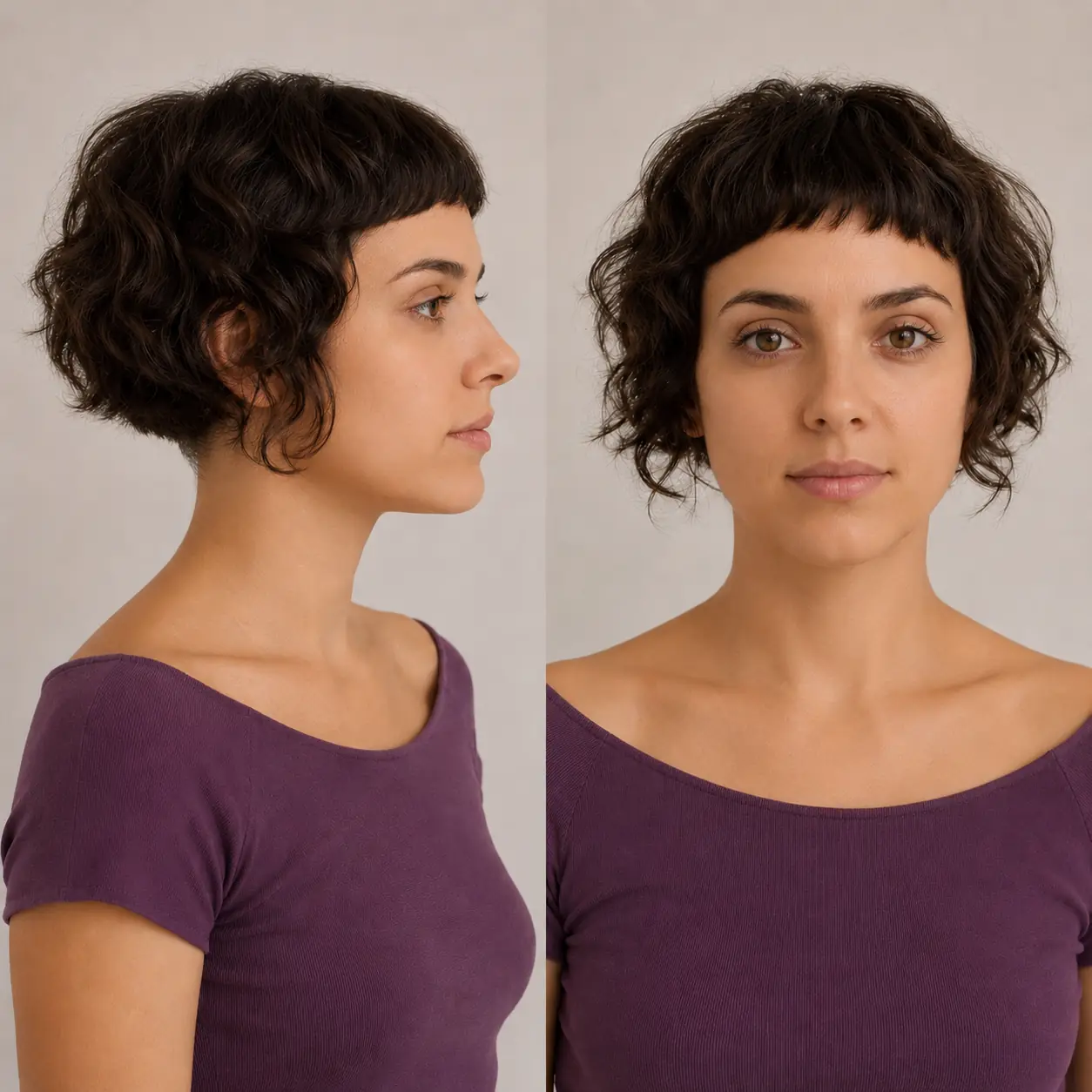 Cropped curly bob with short baby bangs on springy dark brown natural curls