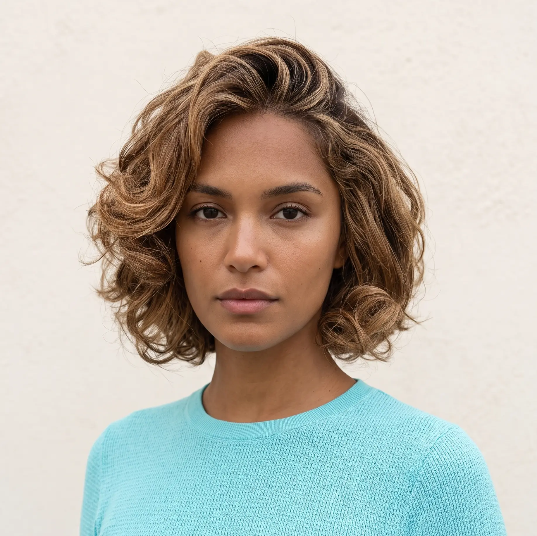 Warm caramel curly bob with defined rounded curls and dimensional lighter pieces