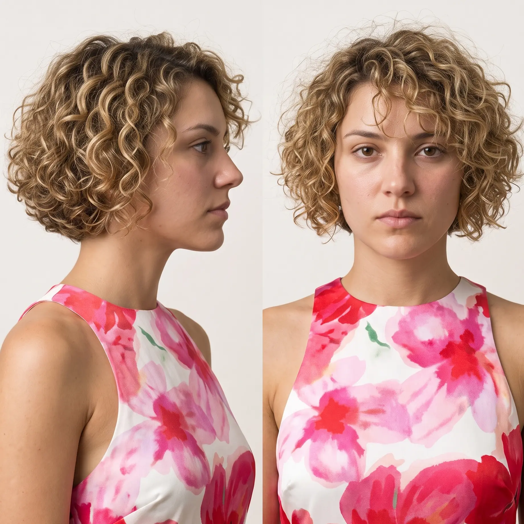 Rounded golden curly bob with defined curls building width and bounce at the sides