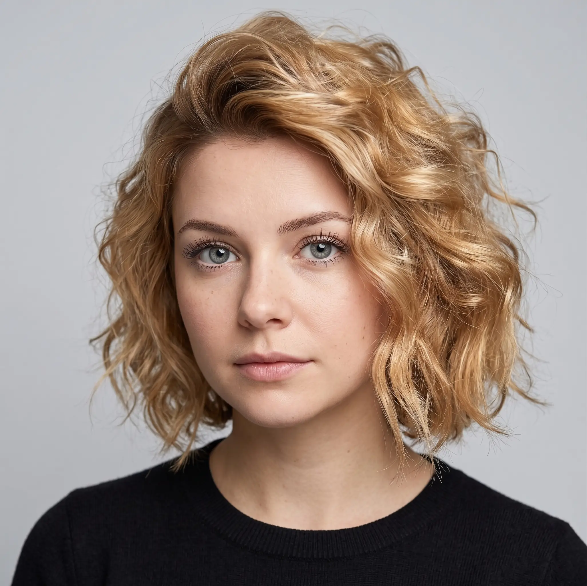Soft golden curly bob with loose waves and body framing the face at chin length