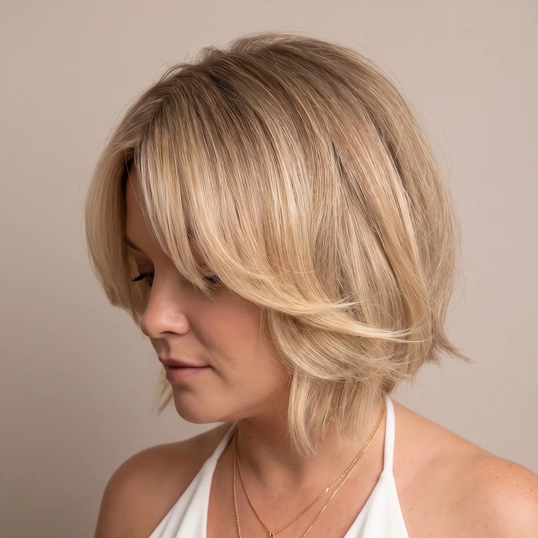 Feathered side-swept golden bob with soft wings around the face and body at the sides