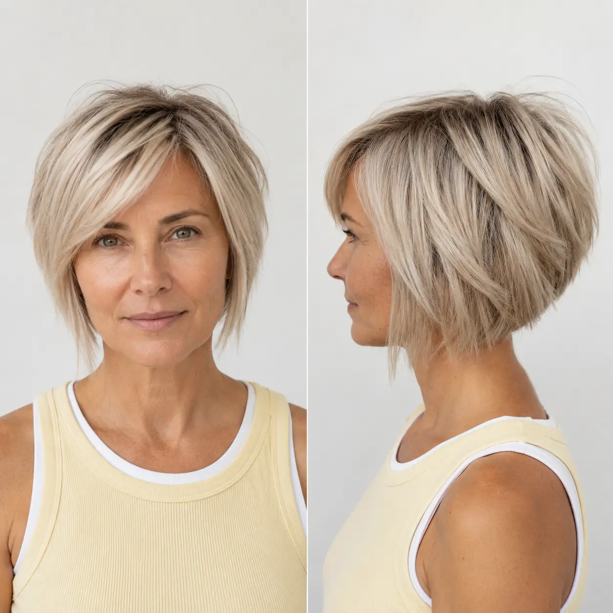 Feathered silver-blonde bob with light airy layers for a soft, age-flattering shape