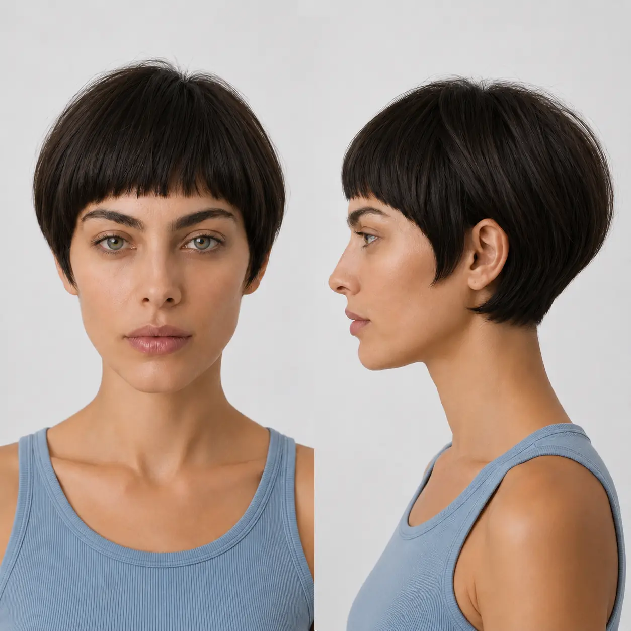Short rounded French bob with blunt micro-bangs on dark brown straight hair