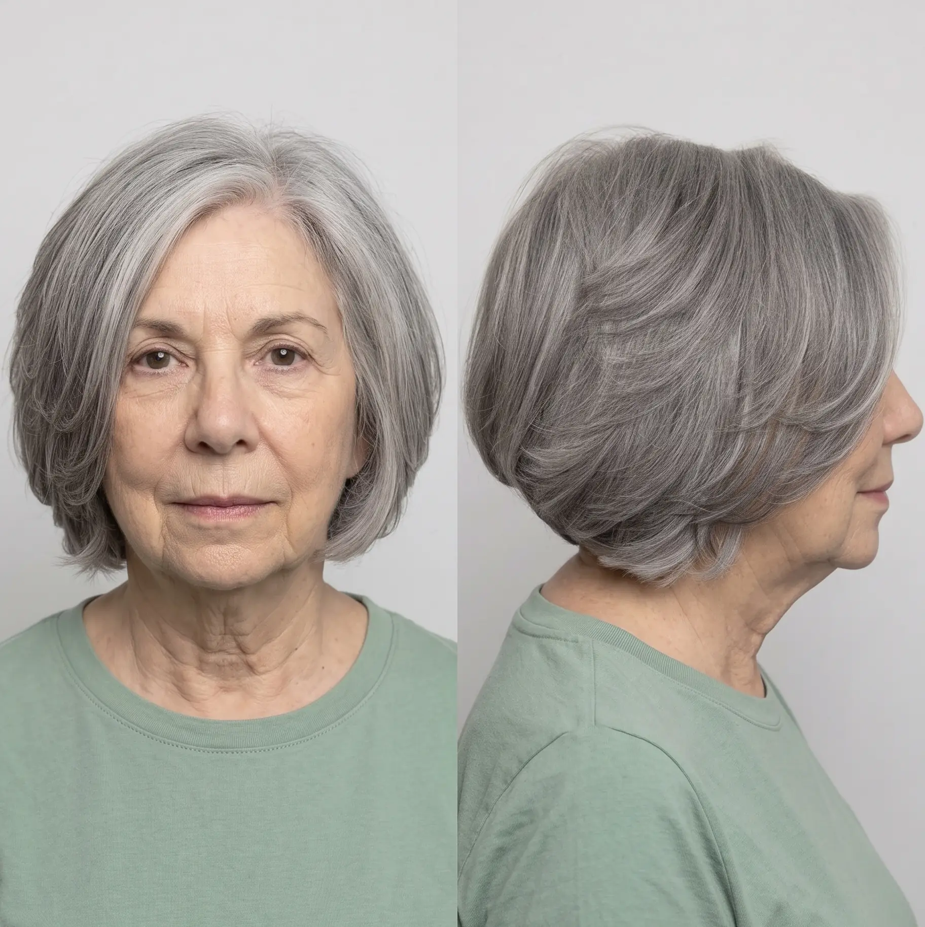 Soft rounded layered bob in natural gray with gentle body and a low-maintenance shape