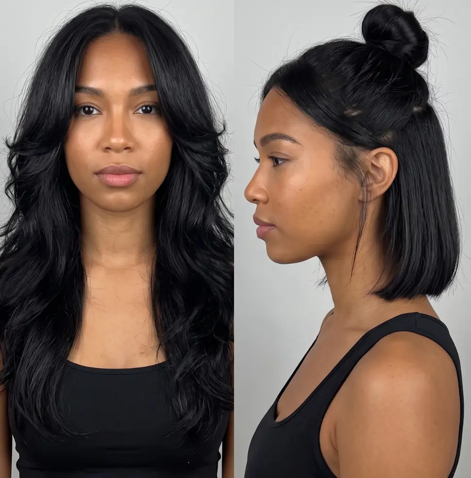 Sleek black collarbone-length lob styled into a half-knot, showing its versatility