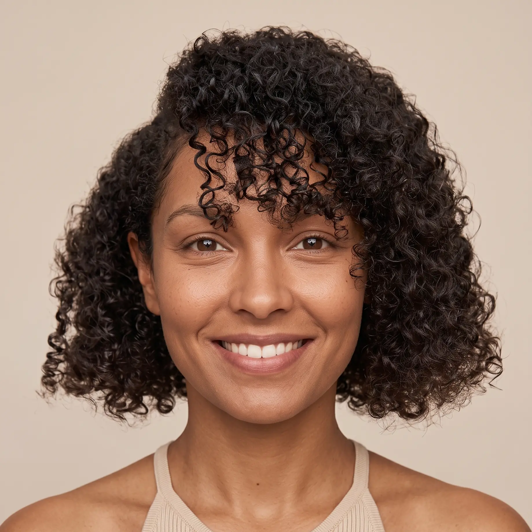 Voluminous natural curly bob with a springy curl pattern and height at the crown