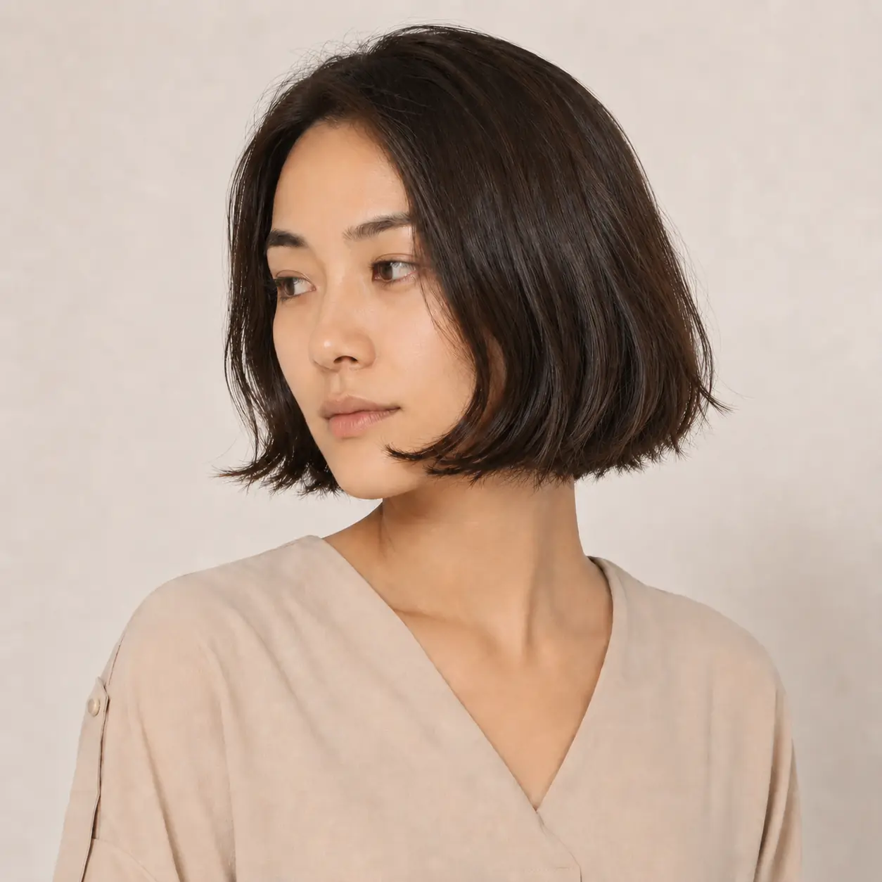 Blunt brunette bob with point-cut piecey ends tucked behind the ear at jaw length