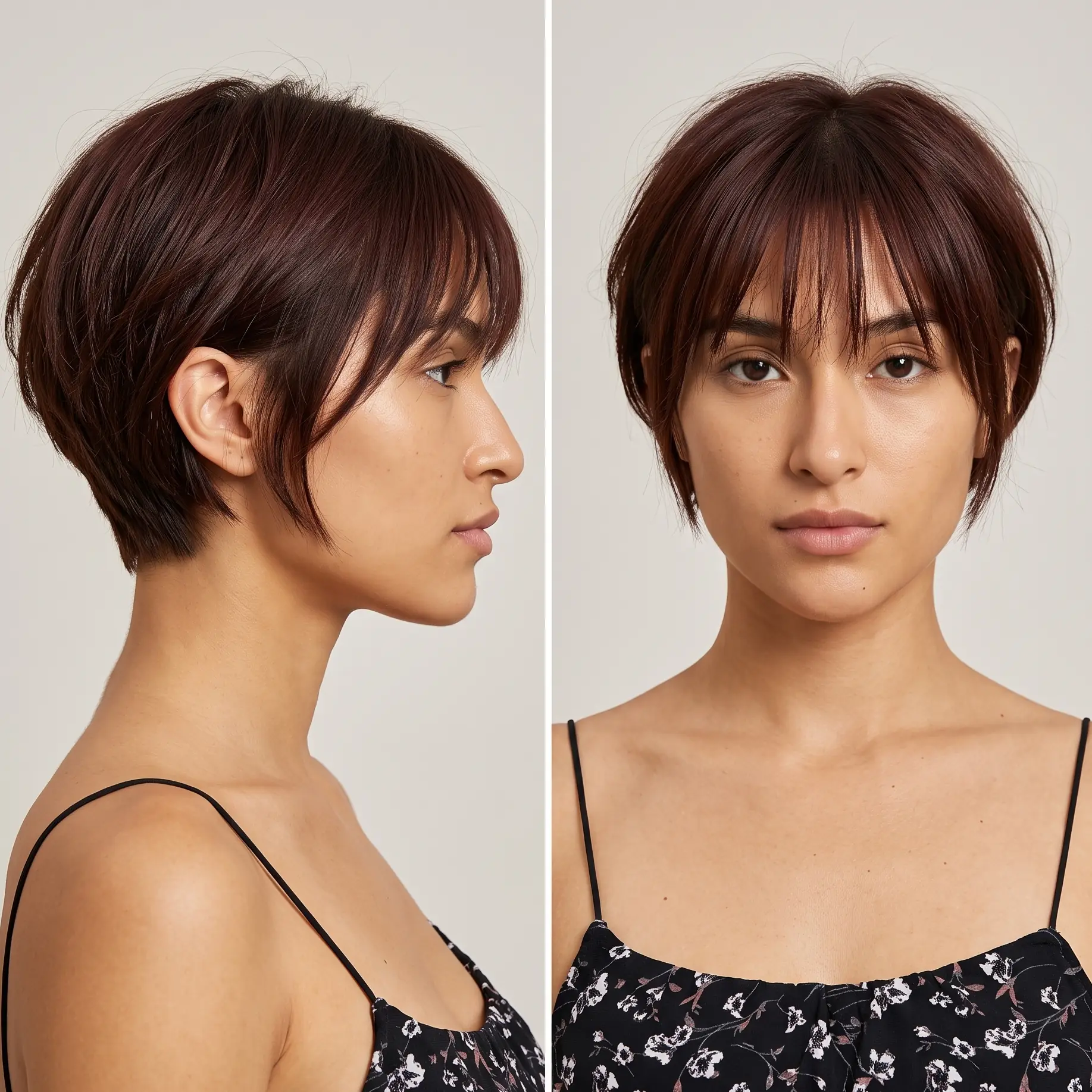 Deep cherry-red pixie-bob with a soft side fringe framing the face on fine hair