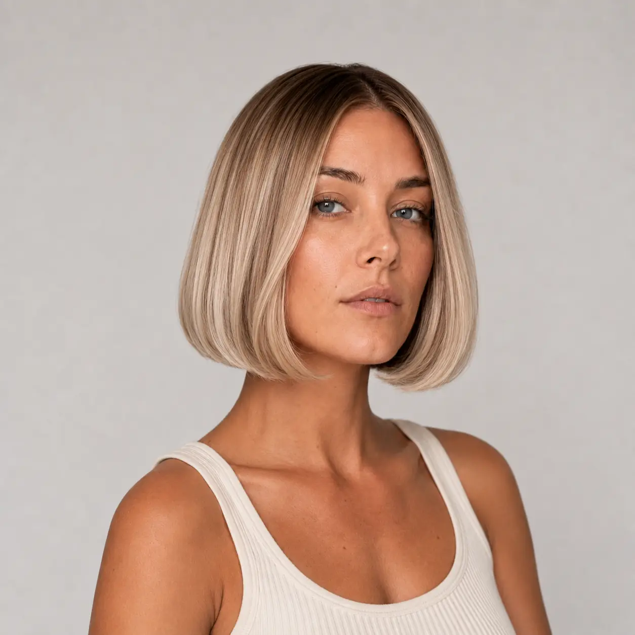 Rooted blonde bob with a soft shadow root melting into blonde lengths on straight hair