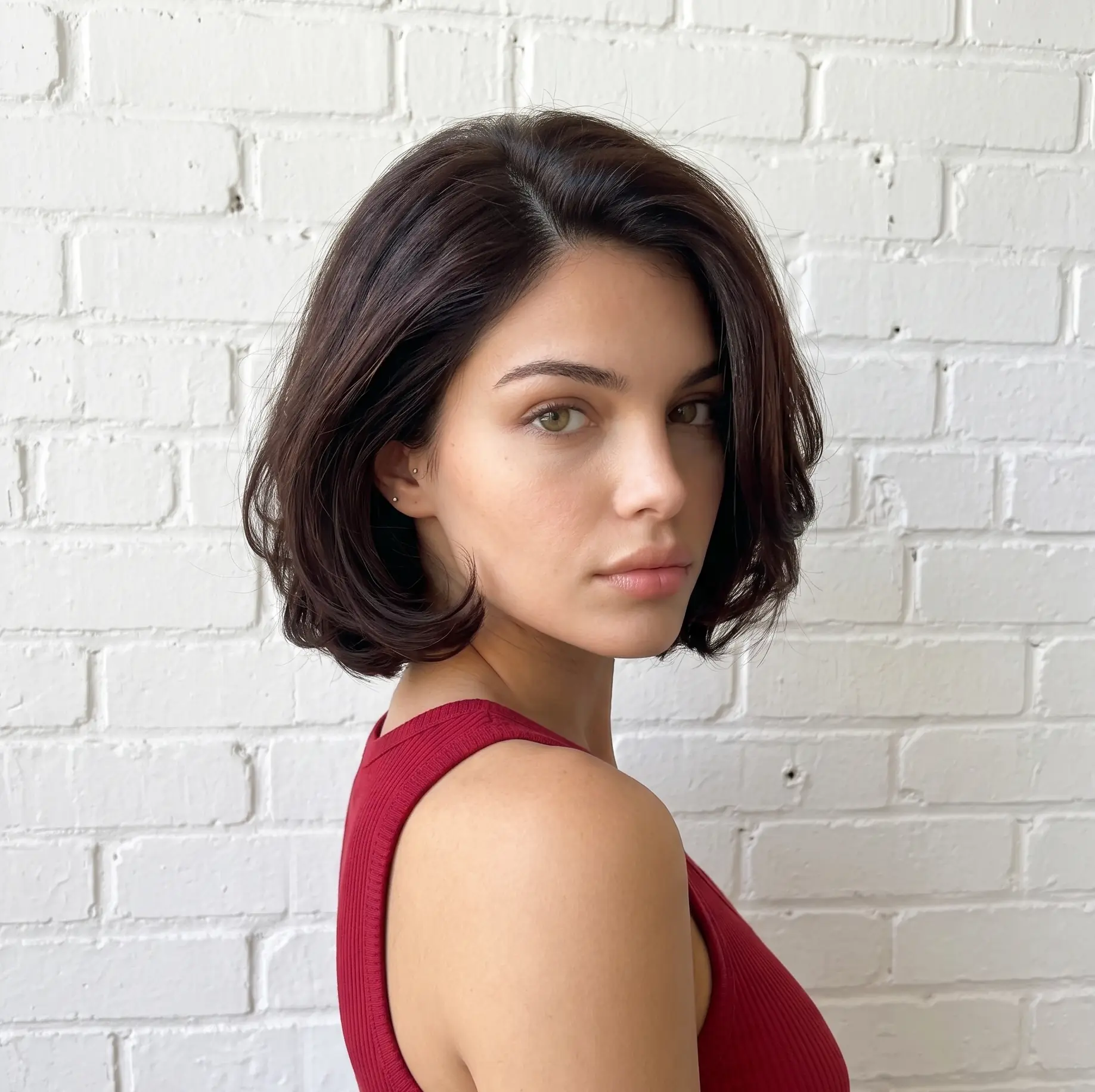 Rounded jaw-length bob in deep glossy espresso brown with a clean, shiny finish