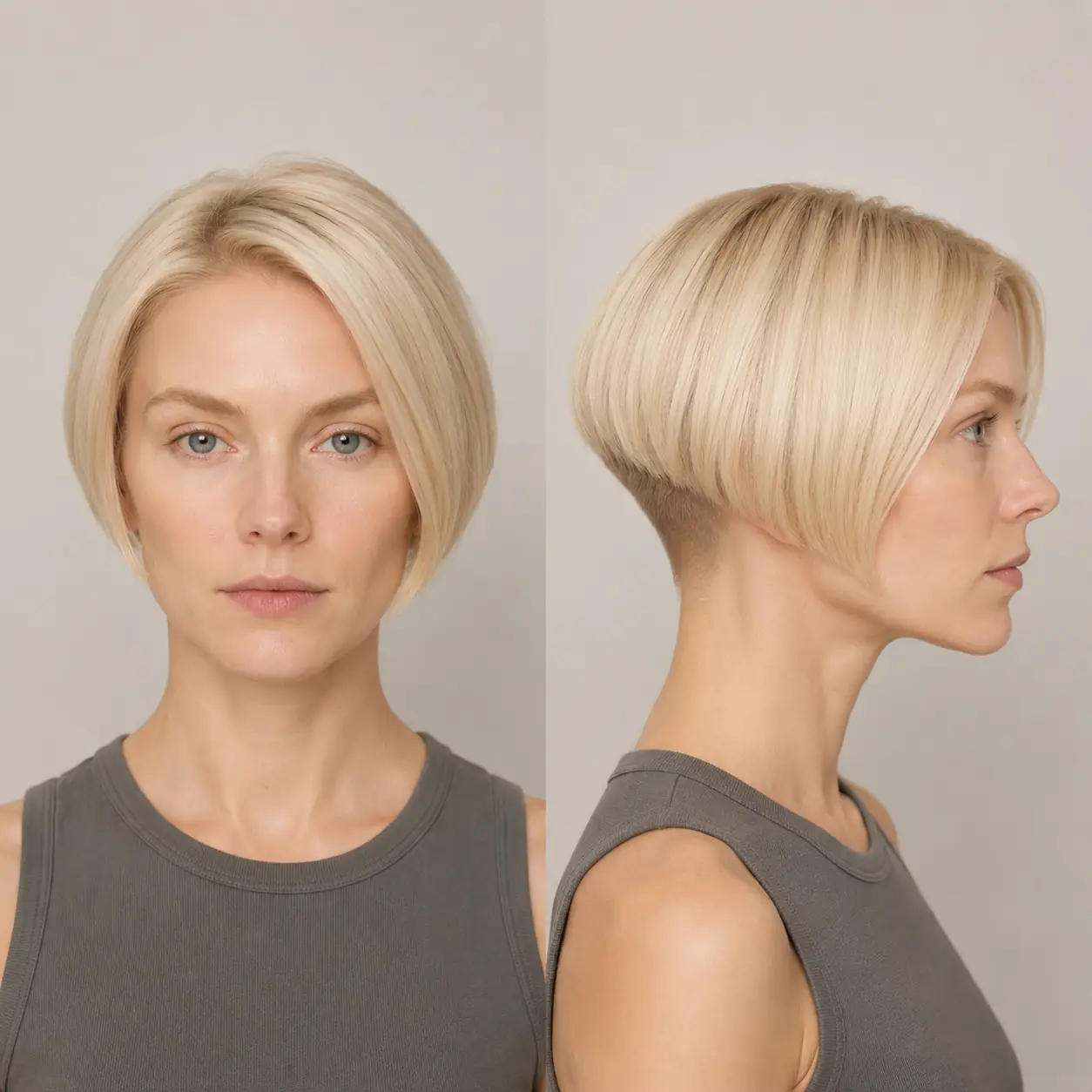 Short ear-length rounded bob in cool platinum blonde with soft crown volume