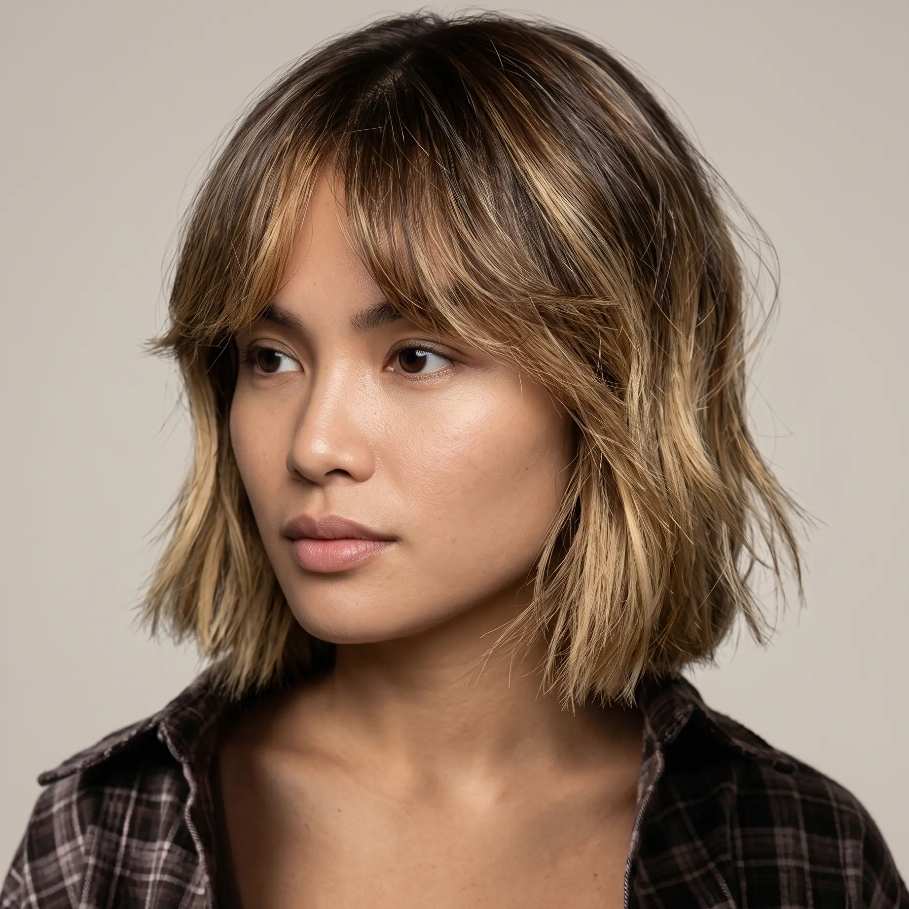 Bronze shaggy bob with center-split curtain bangs blending into face-framing layers