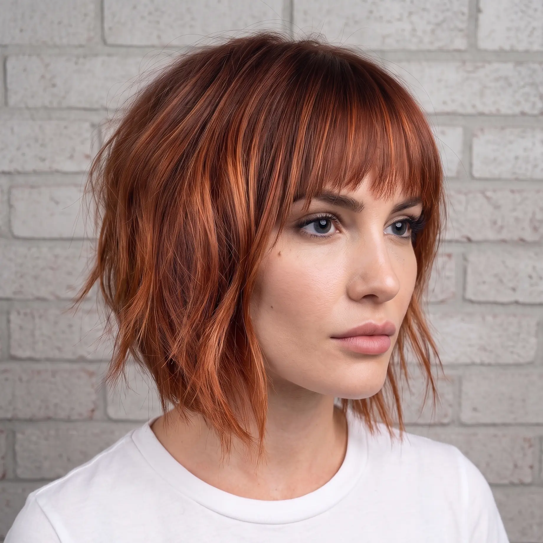 Vivid copper shag bob with textured layers and a soft fringe full of movement