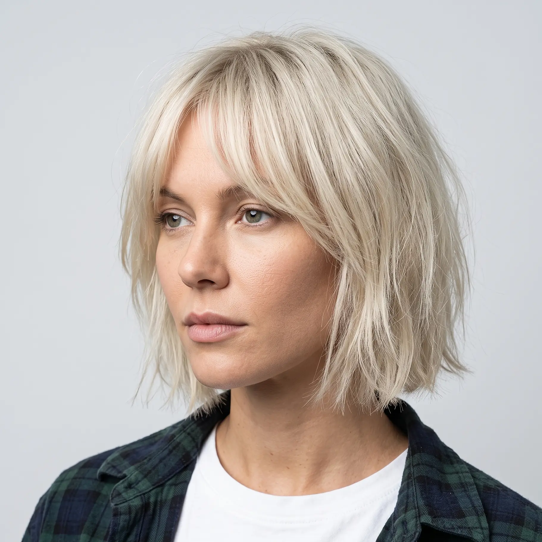 Platinum shag bob with feathered layers and a wispy fringe adding lift and movement
