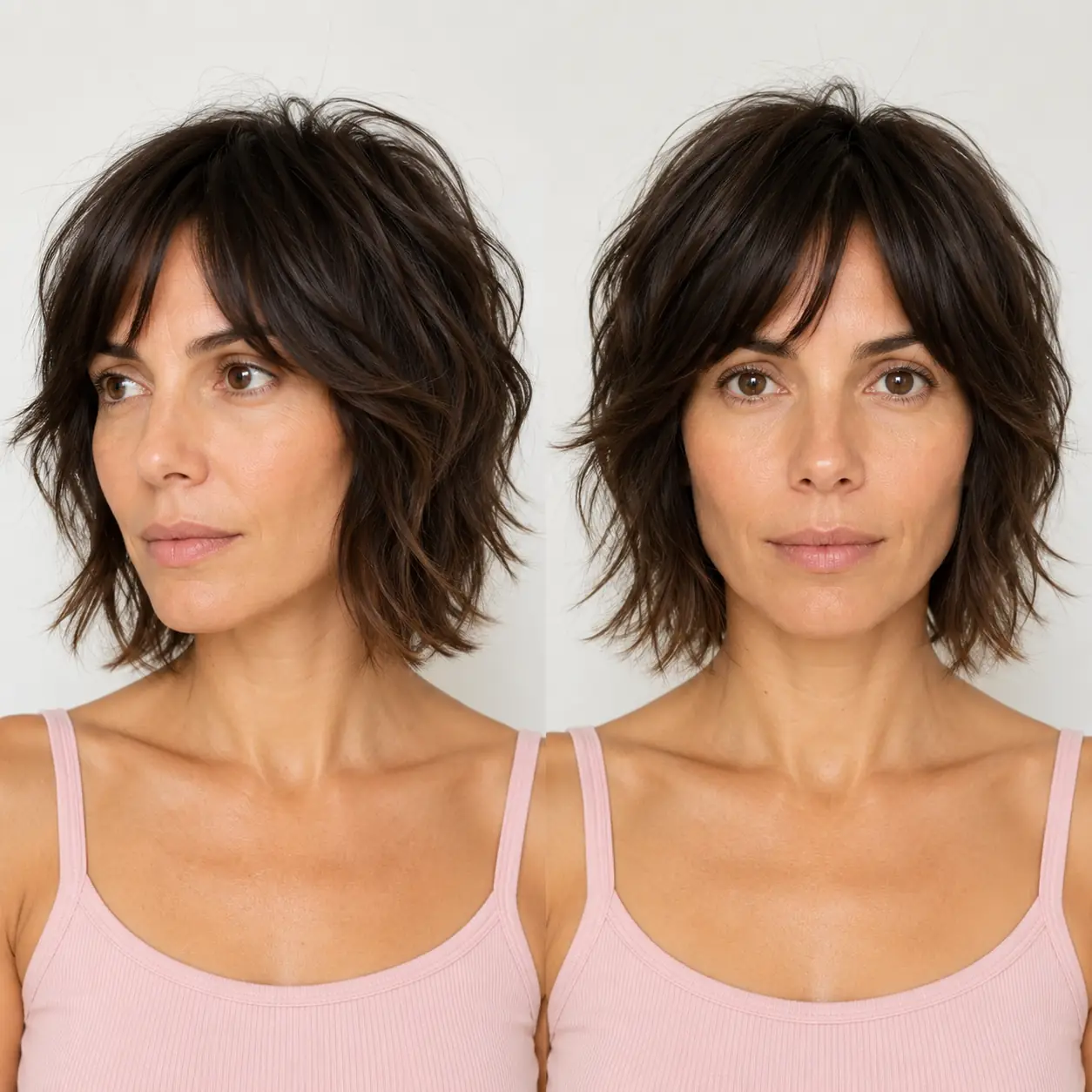 Shaggy dark brown bob with graduated layers and a wispy curtain fringe around the face