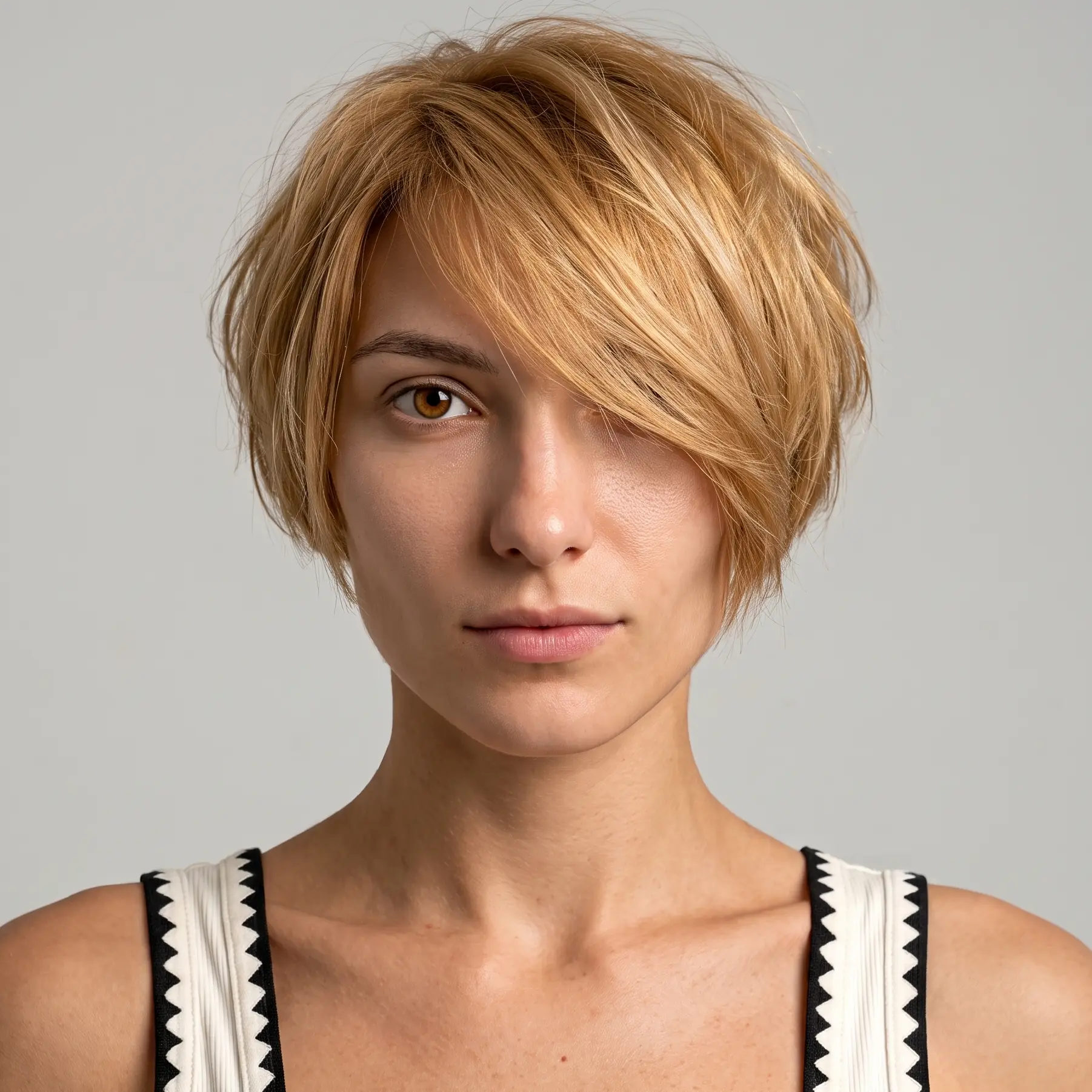Golden shaggy pixie-bob with a long side-swept fringe and softly tapered sides