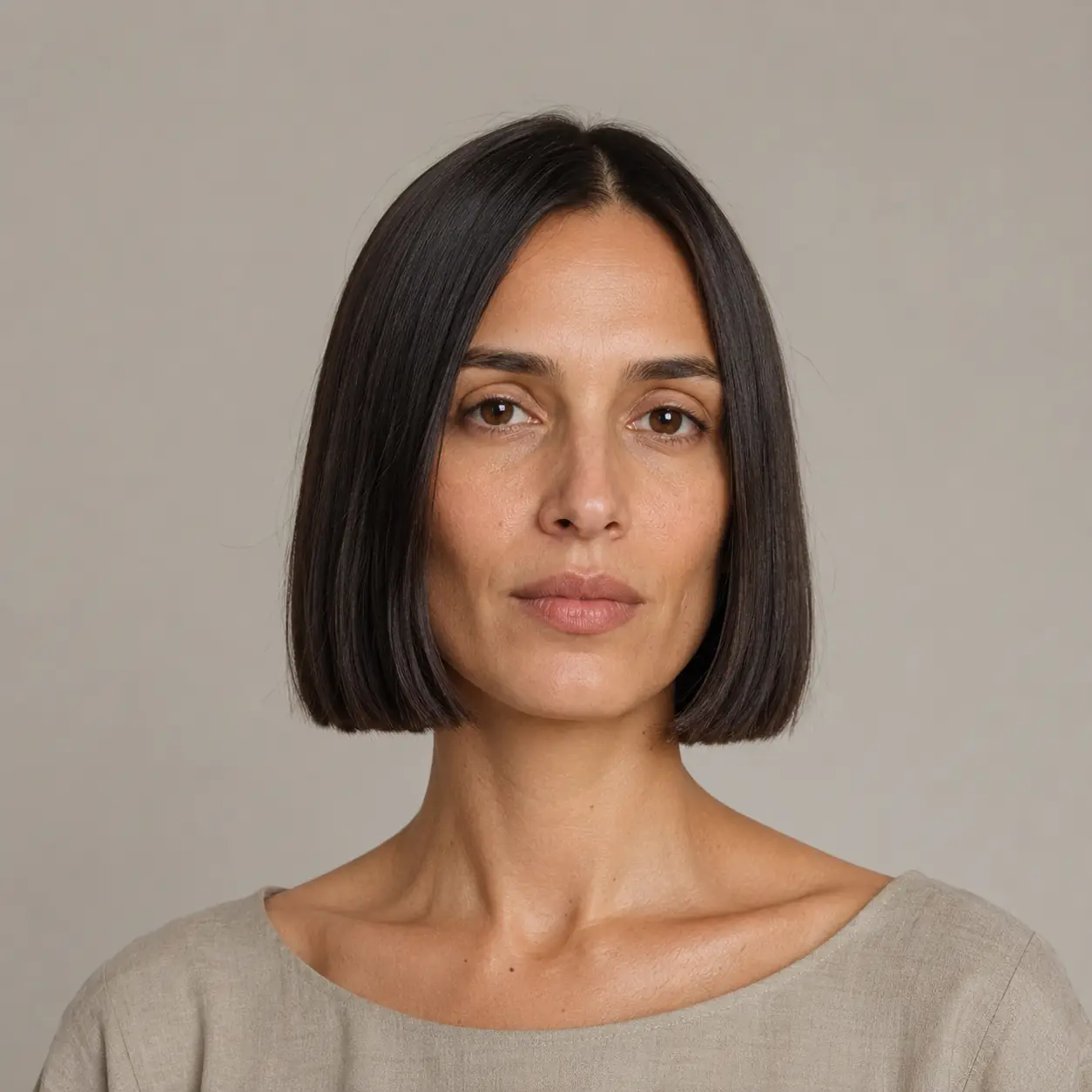 Chin-length blunt bob haircut in dark brown with a center part on straight fine hair