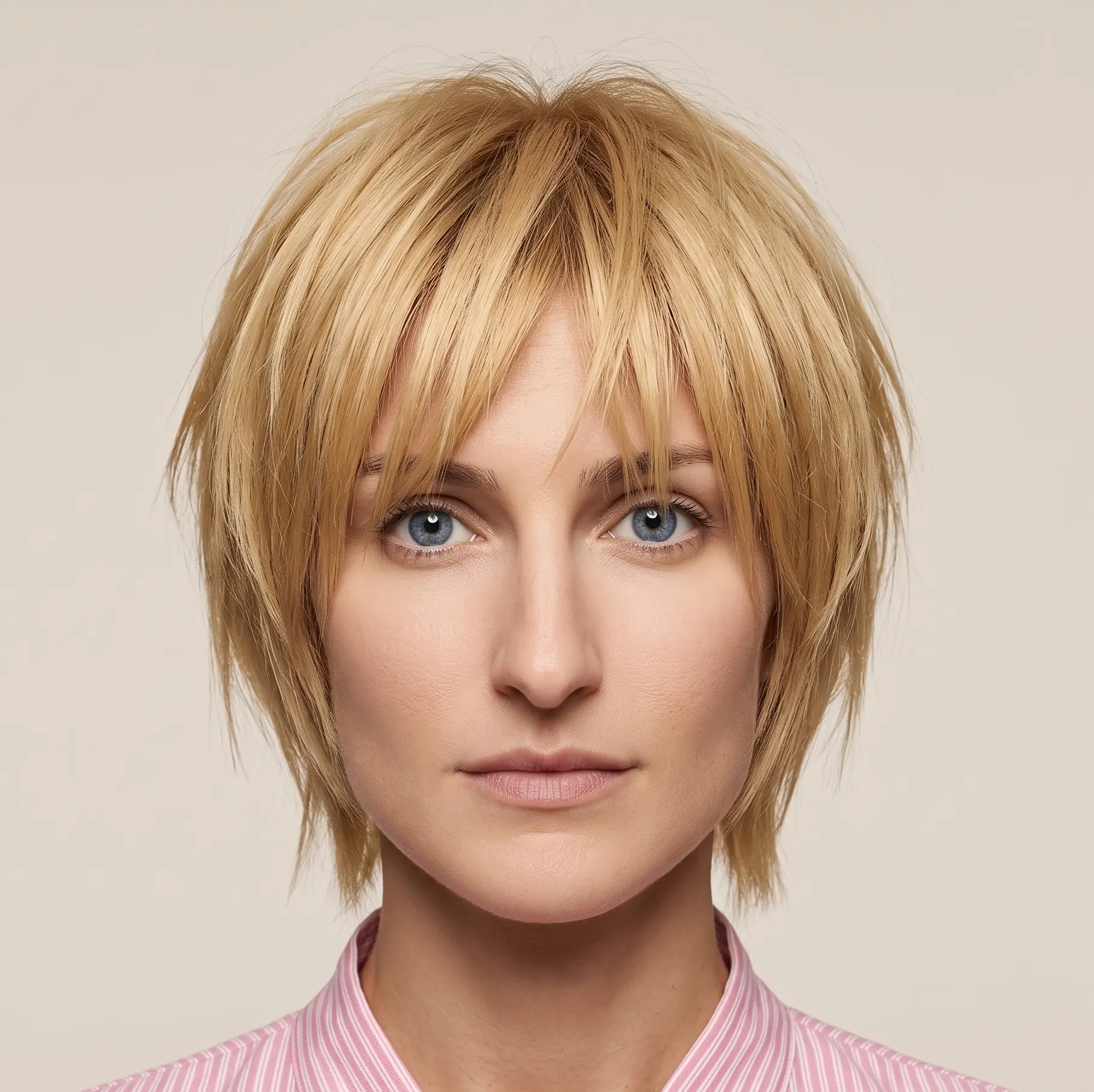 Short golden shag bob with a wispy piecey fringe and heavily textured shattered layers