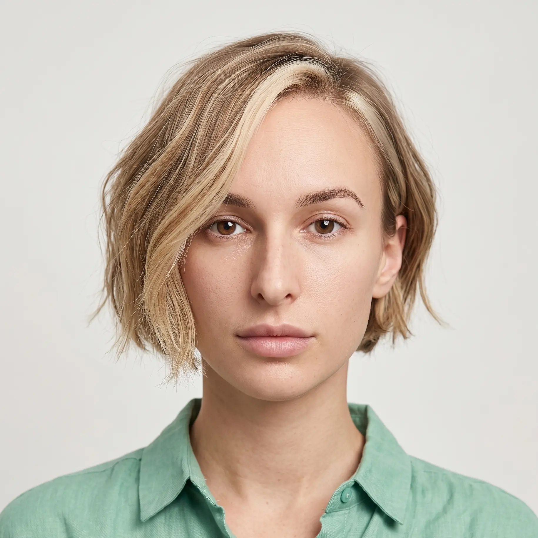 Deep side-parted blonde bob with loose waves sweeping across the forehead