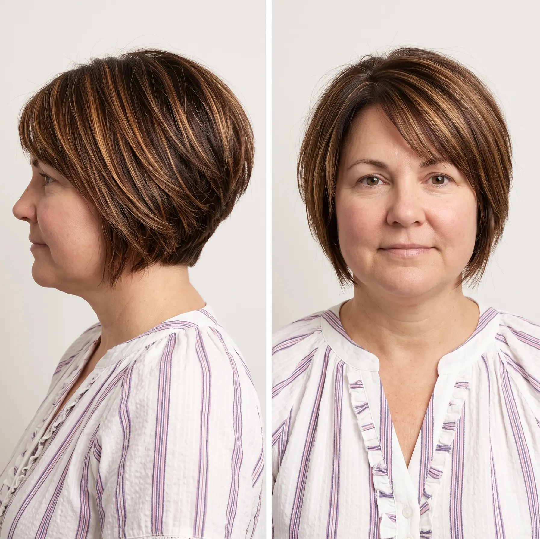 Short side-swept bob with warm highlights and soft dimension on a mature face