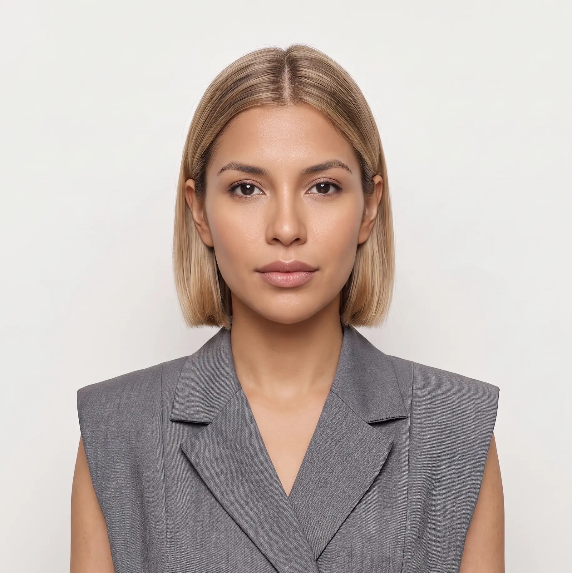 Clean center-parted blonde bob tucked behind the ears with a soft blunt chin-length line