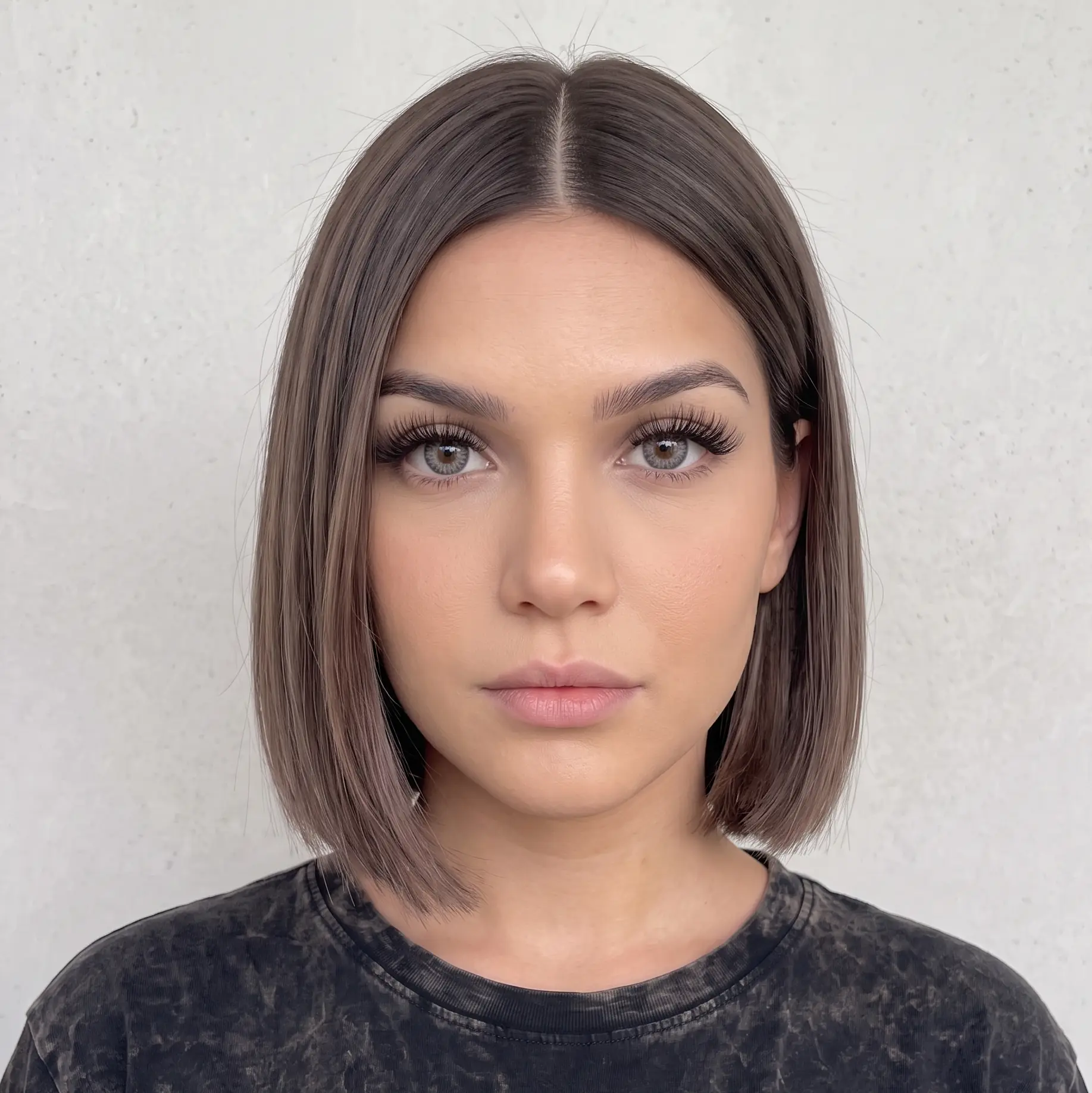 Sleek blunt center-parted bob in cool mushroom brown with a glossy glass finish