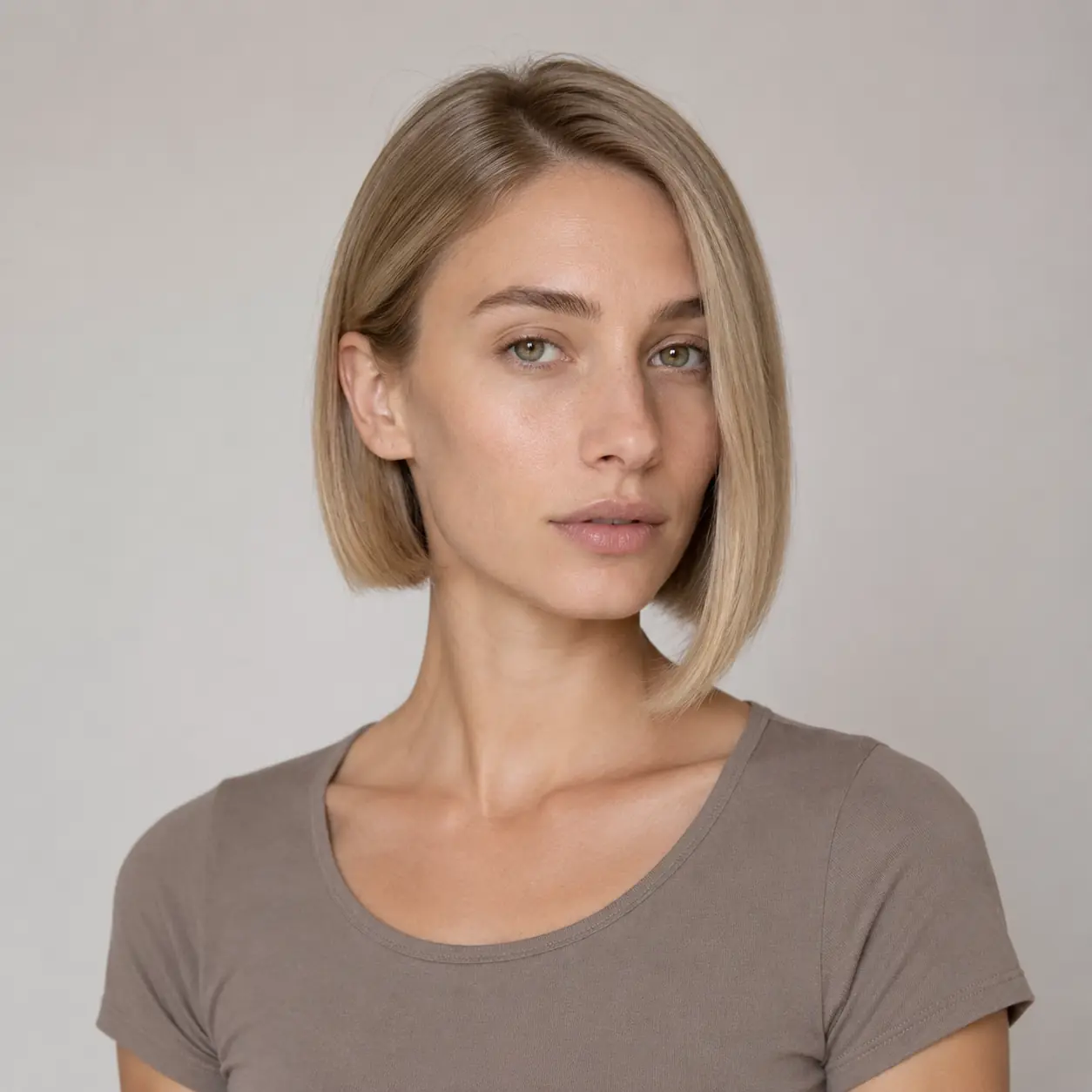 Sleek side-swept bob in cool blonde tucked behind one ear with a deep side part