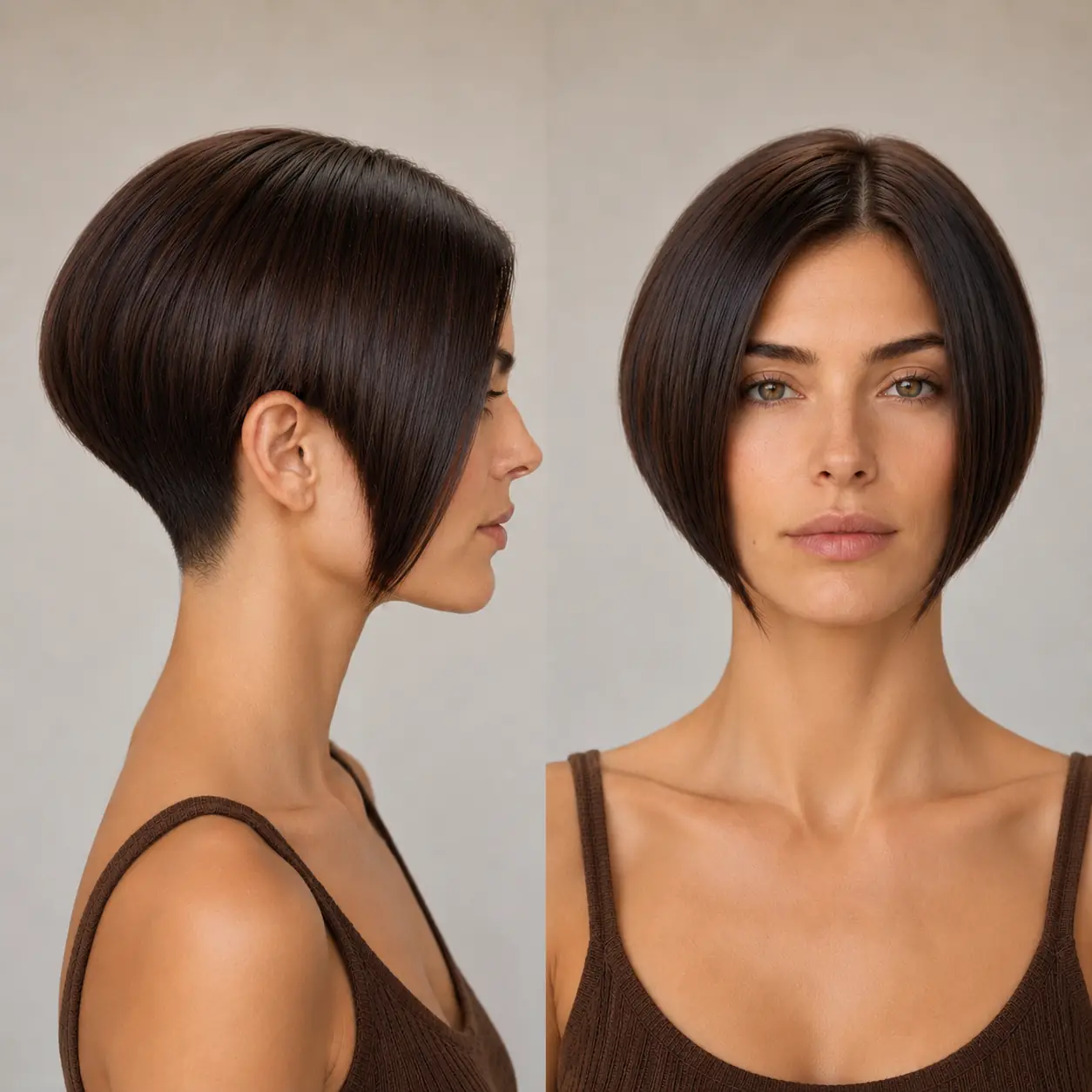 Stacked bob with a graduated back and a hidden undercut in glossy espresso brown