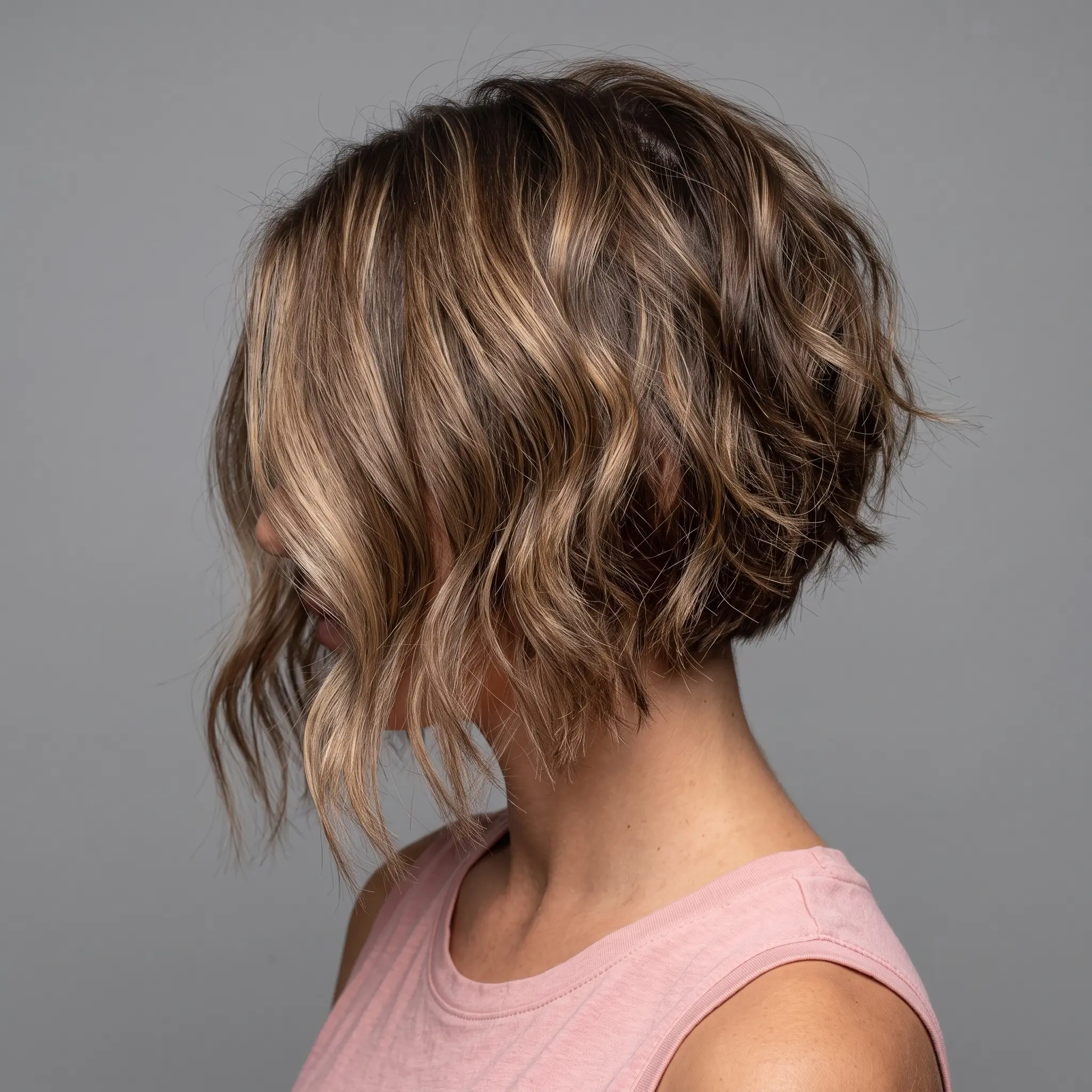 Stacked shaggy bob with bronde balayage building volume at the back on thick hair