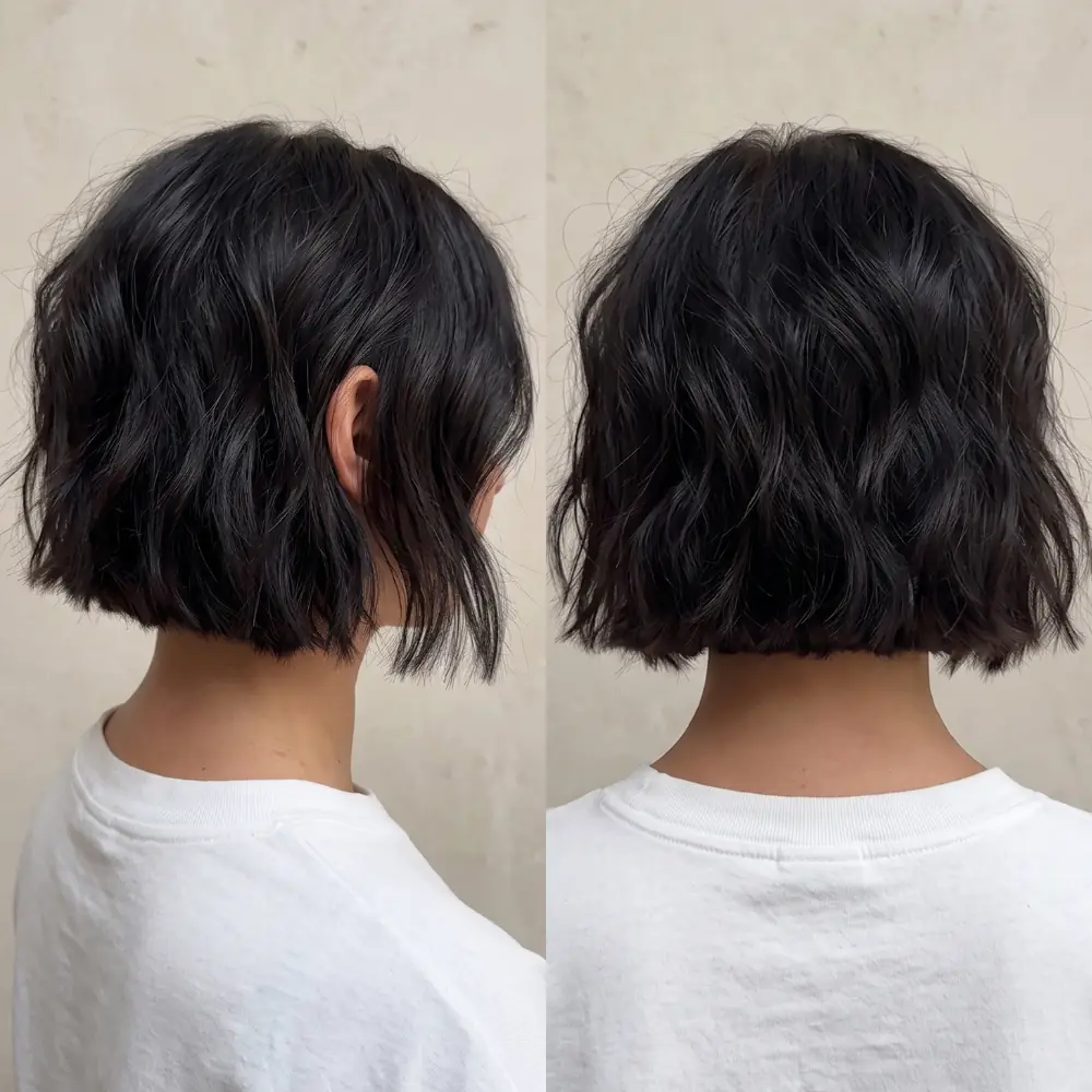 Back view of a dark wavy bob revealing a piecey textured nape and soft internal layers