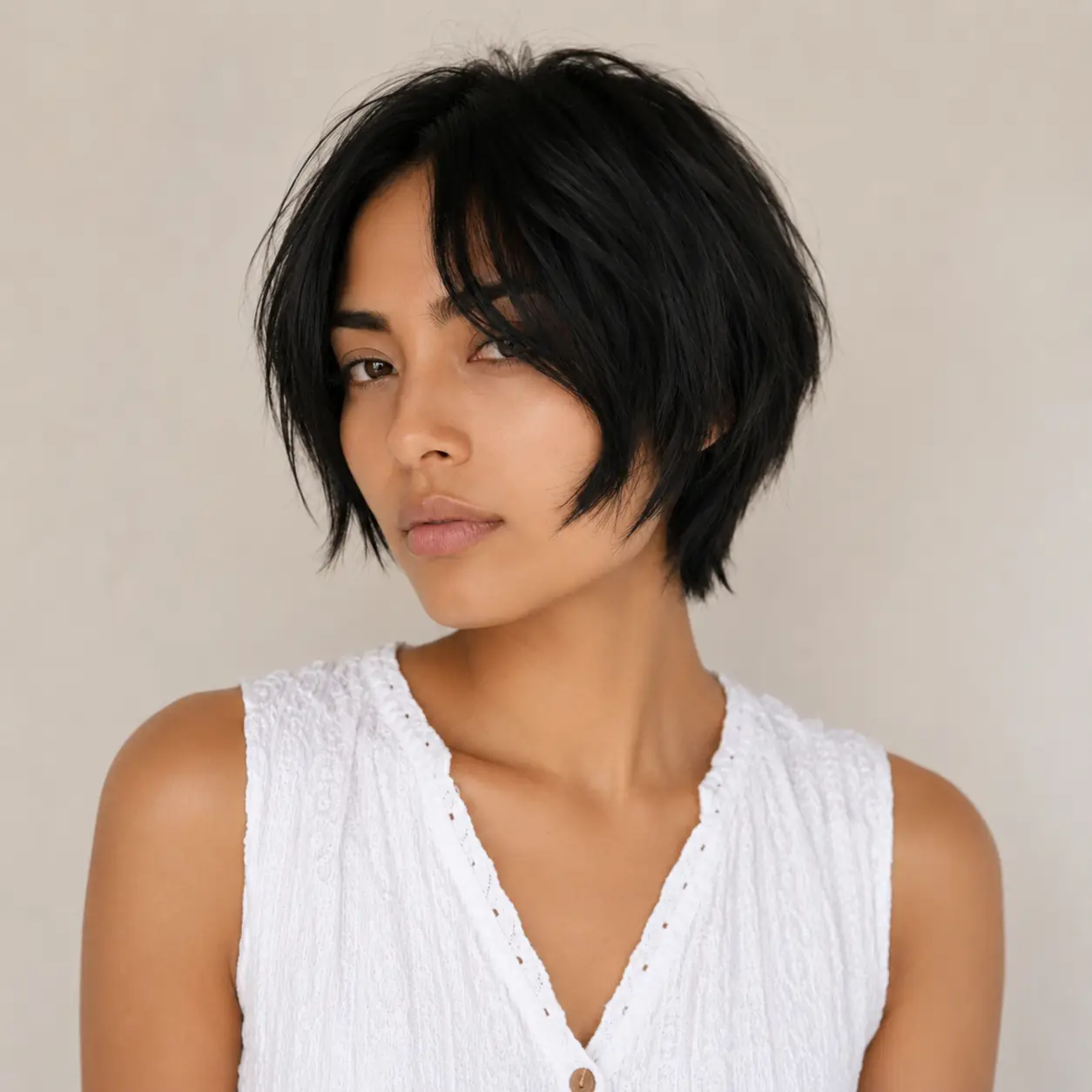 Choppy textured bob in black with piecey layers and lived-in movement on wavy hair