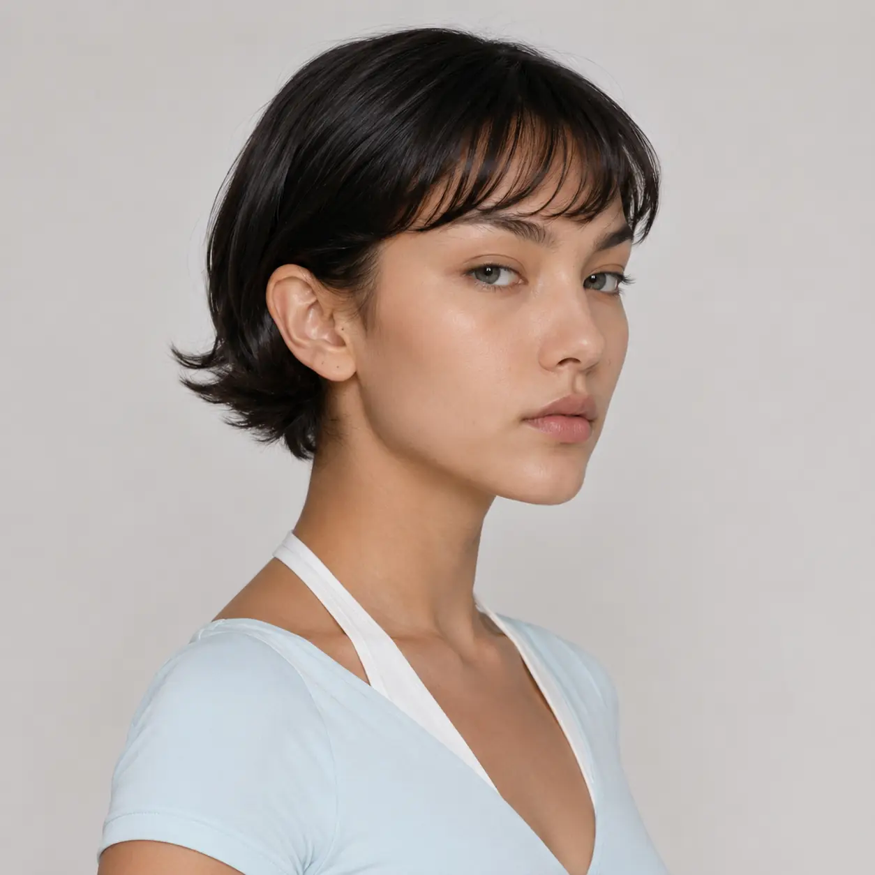 Short textured crop bob with a wispy feathered fringe on dark fine-to-medium hair