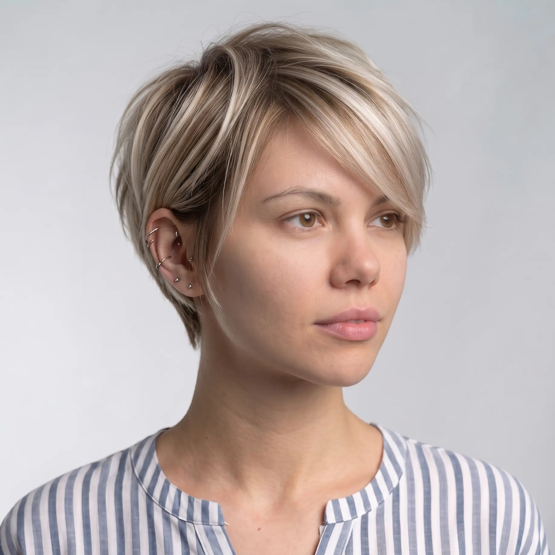 Ash-blonde side-swept bob over a closely tapered undercut for a high-contrast shape