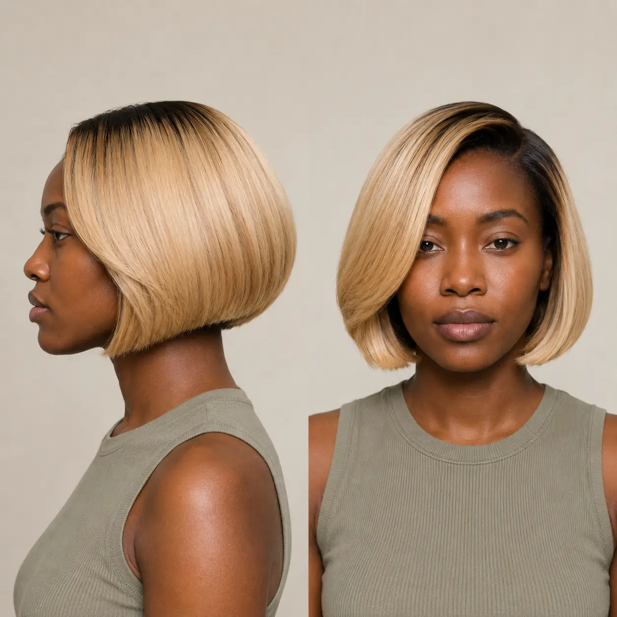 Voluminous rounded bob with dark roots and blonde lengths swept full off the face