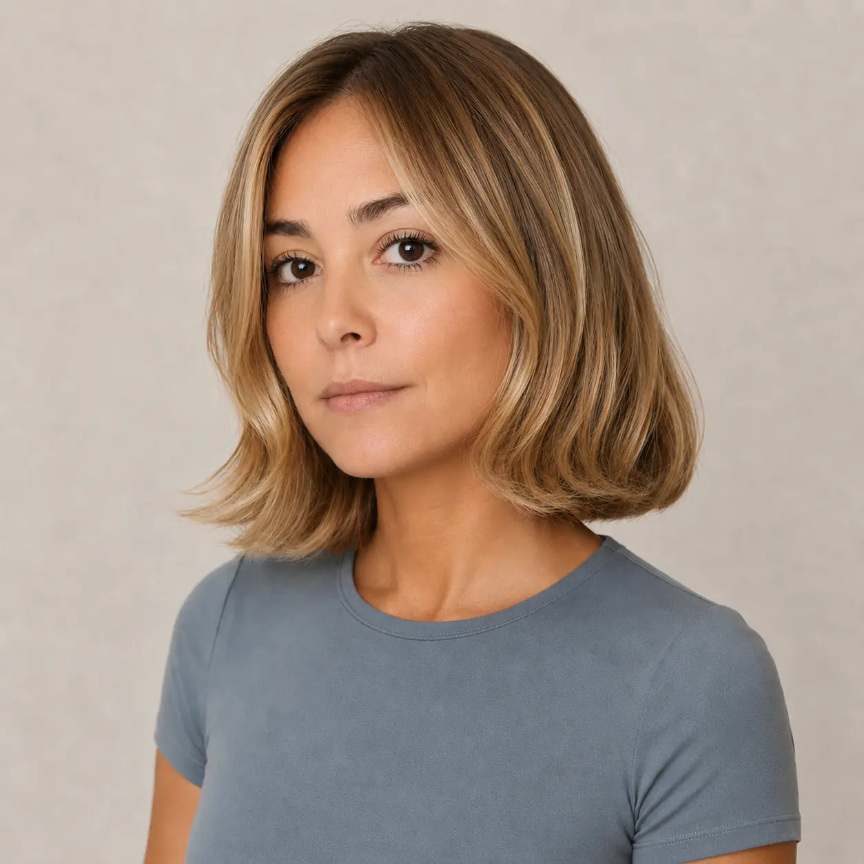 Soft wavy bob in blended bronde with loose undone waves at chin length