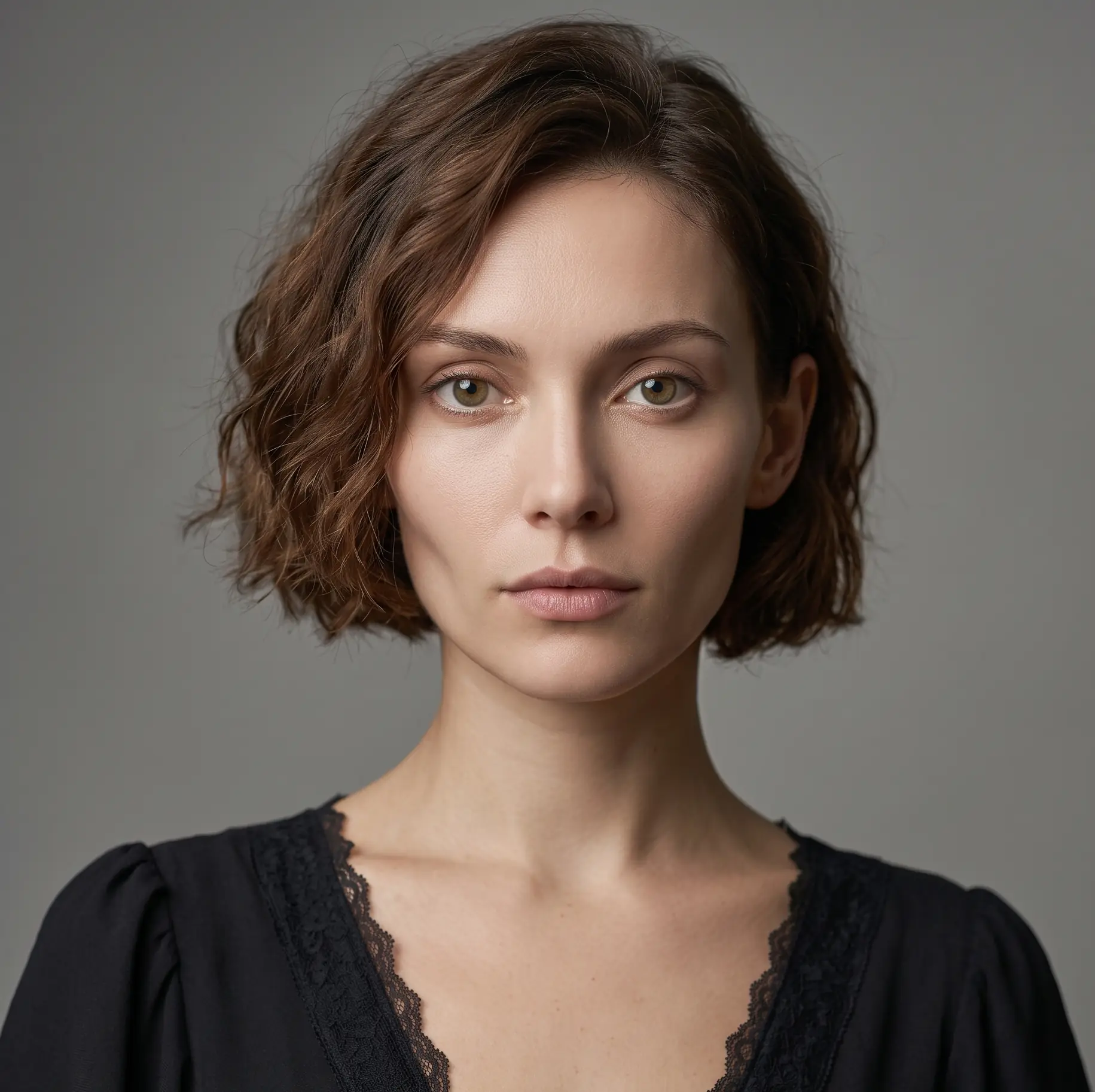 Undone tousled brown wavy bob cut to jaw length with easy, off-duty texture