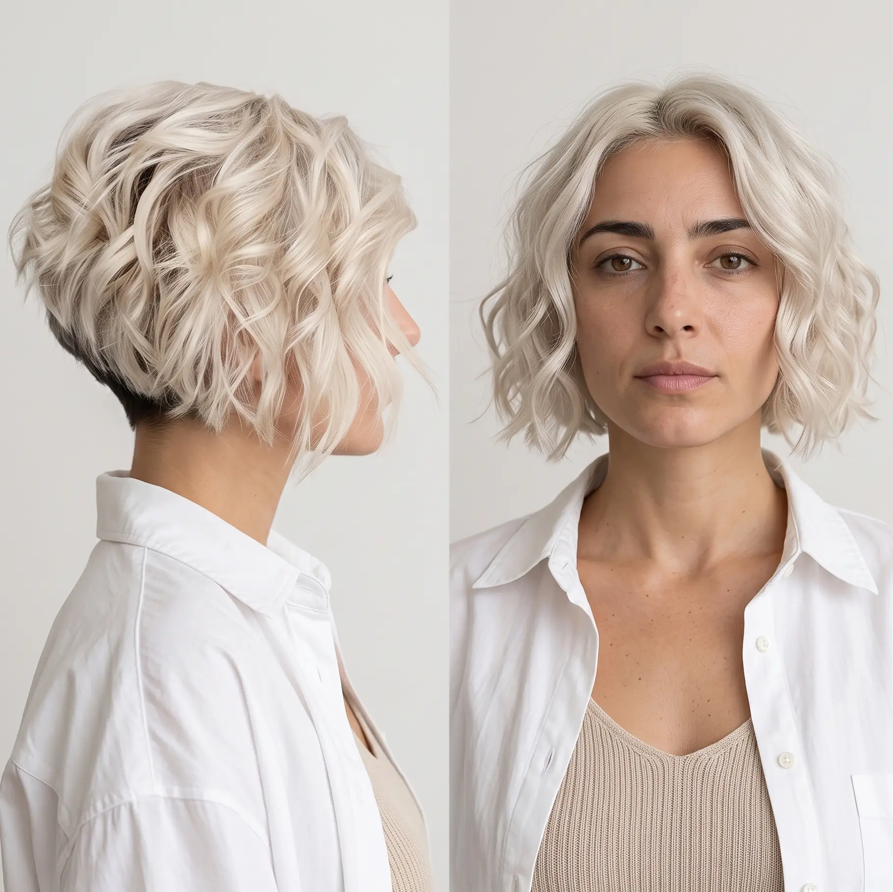 Airy loose waves through a platinum bob softening the cool blonde around the face