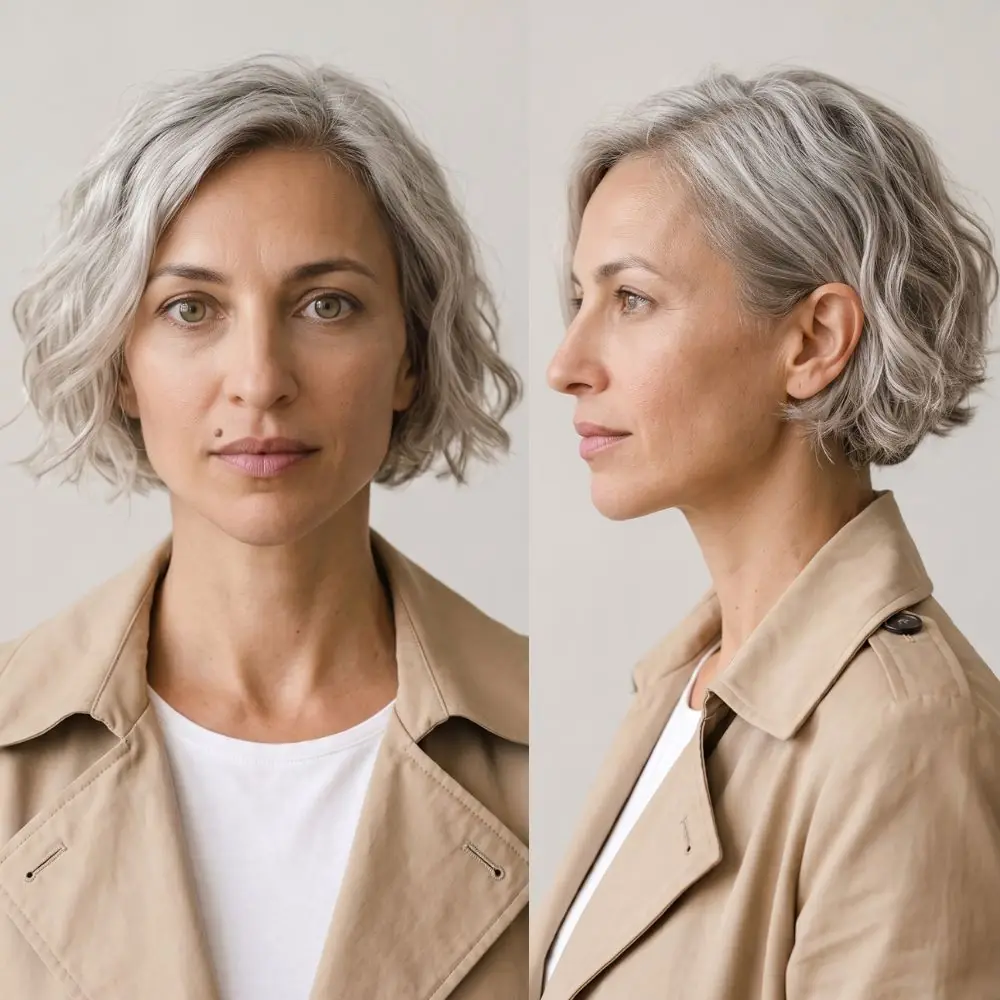 Natural salt-and-pepper wavy bob blending silver and dark strands with soft waves