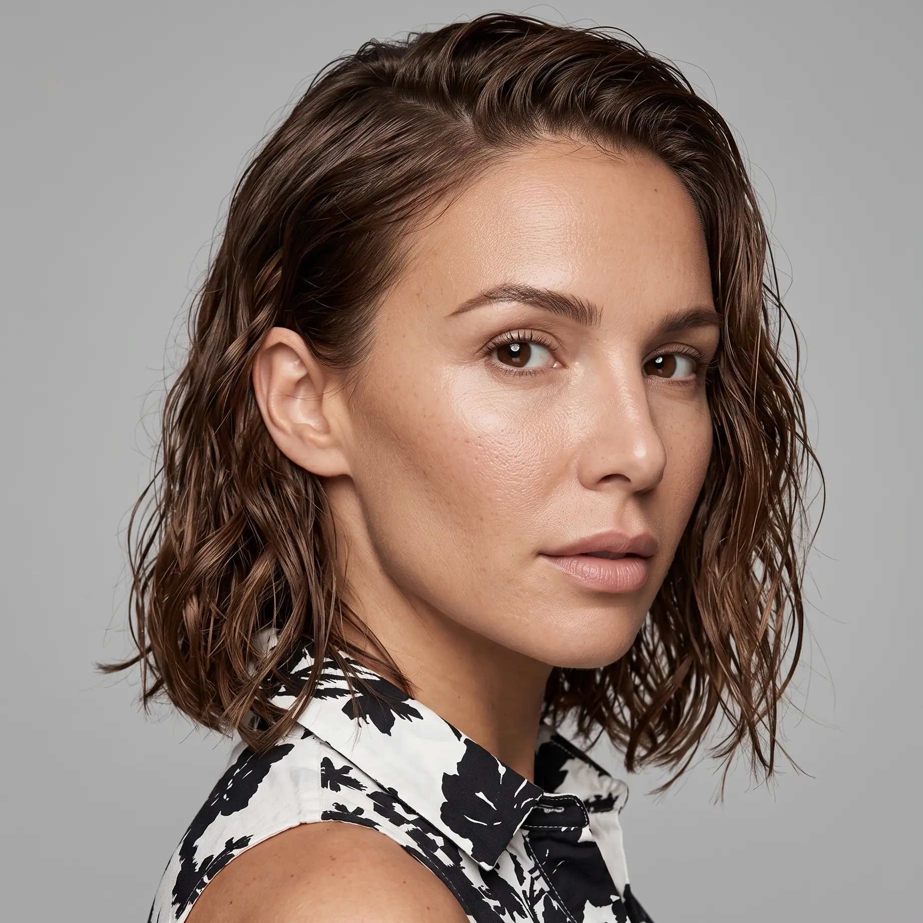 Glossy wet-look chestnut wavy bob with defined waves and a deep side part