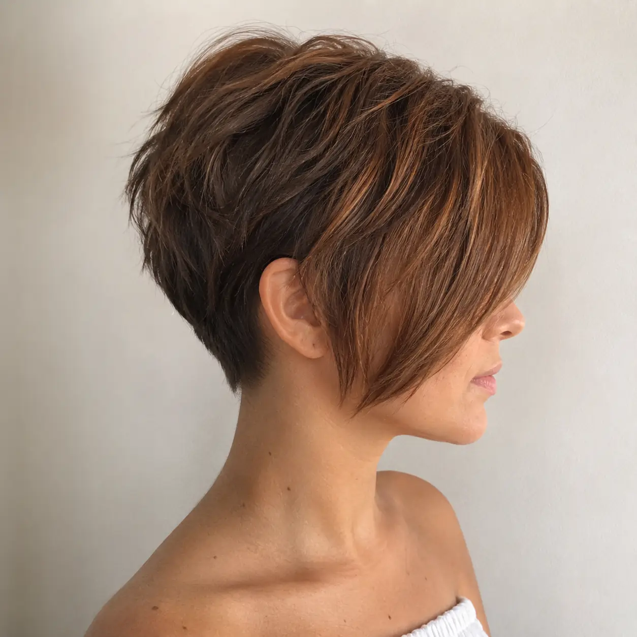 A-line bixie haircut cut shorter at the back and angled longer toward the front in pale blonde